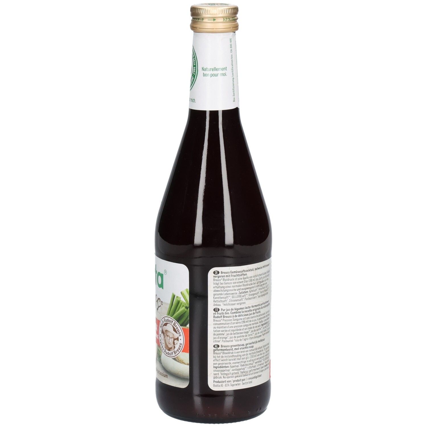 Achteraanzicht van de glazen fles. Etiket met ingrediënten, voedingswaarden en veganistisch keurmerk. Bio-keurmerk.