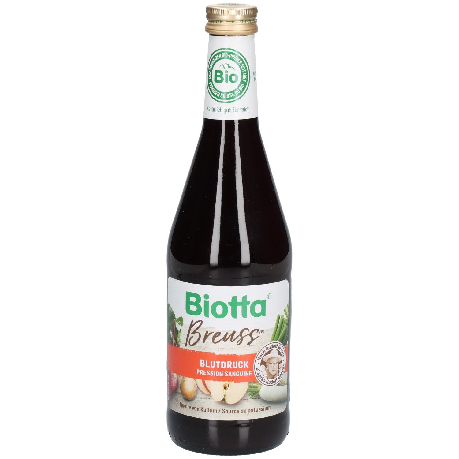 Glazen fles met donkerrode vloeistof. Etiket met "Biotta Breuss Blutdruck". Bio-keurmerk.