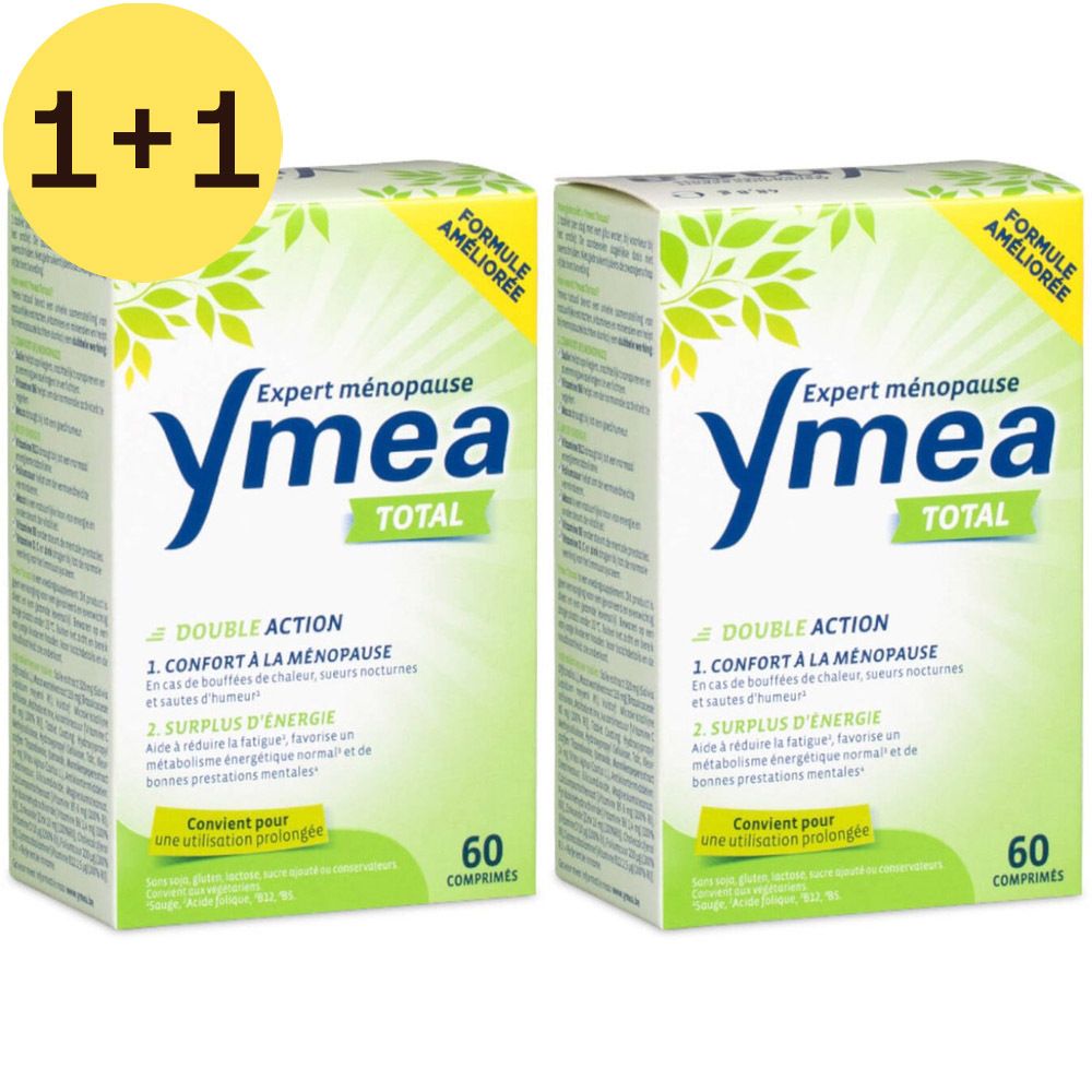 Twee dozen Ymea Total. Opschrift: Expert menopauze, Total, 60 tabletten. Gele cirkel met "1+1". 