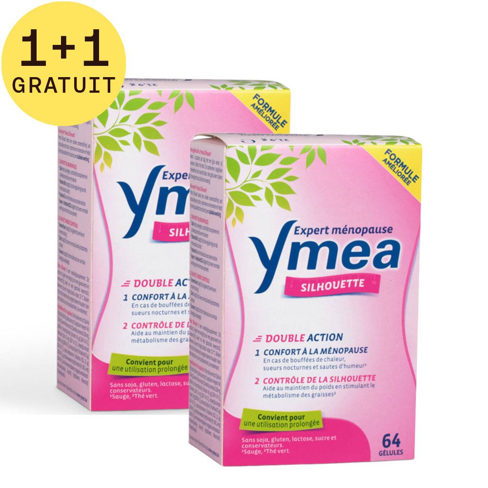 Deux boîtes roses "Ymea Silhouette" avec étiquette "1+1 GRATUIT". Texte: "Expert ménopause".