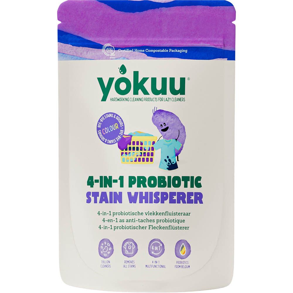 Zakje Yokuu Détachant Probiotique 4-en-1 Couleurs. Wit zakje met paarse accenten. Productnaam en illustraties. Gecertificeerde composteerbare verpakking.