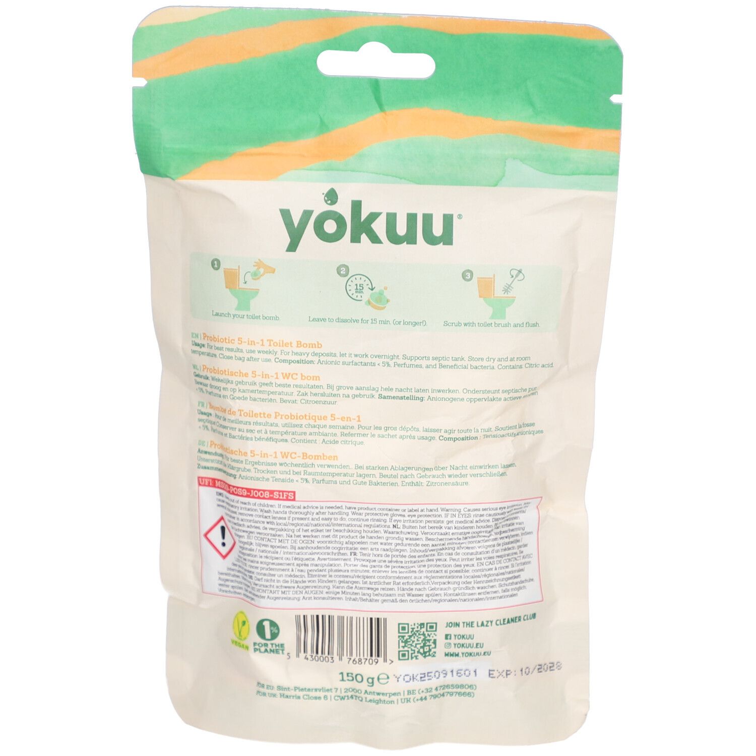 Achterkant van de verpakking met productinformatie en instructies. Bevat tekst in meerdere talen.