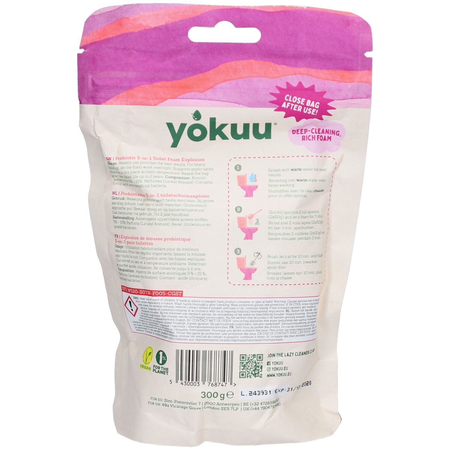 Achterkant van de verpakking. Gebruiks- en ingrediënteninformatie. QR-code en certificeringen. Sluit zak na gebruik.