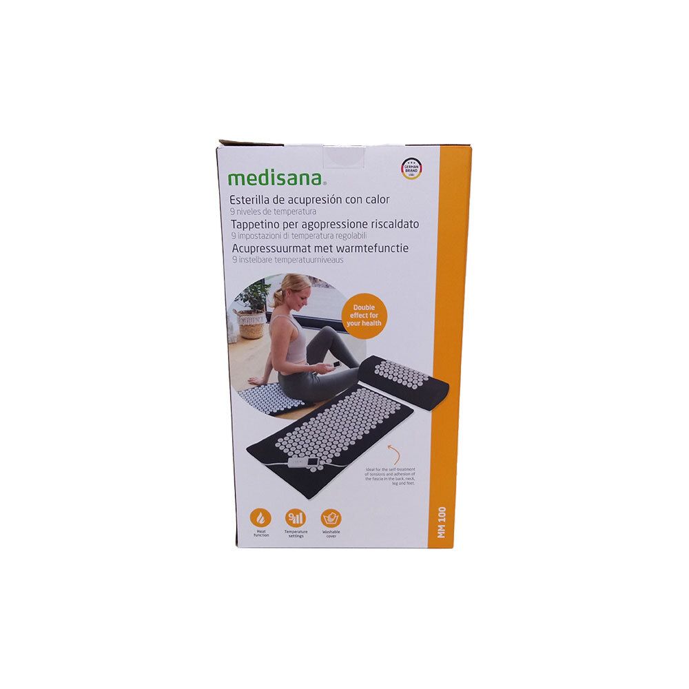 Emballage Medisana MM 100 Massagemat 1st. Tapis d'acupression chauffant. Logo et nom du produit. Vue d'ensemble.