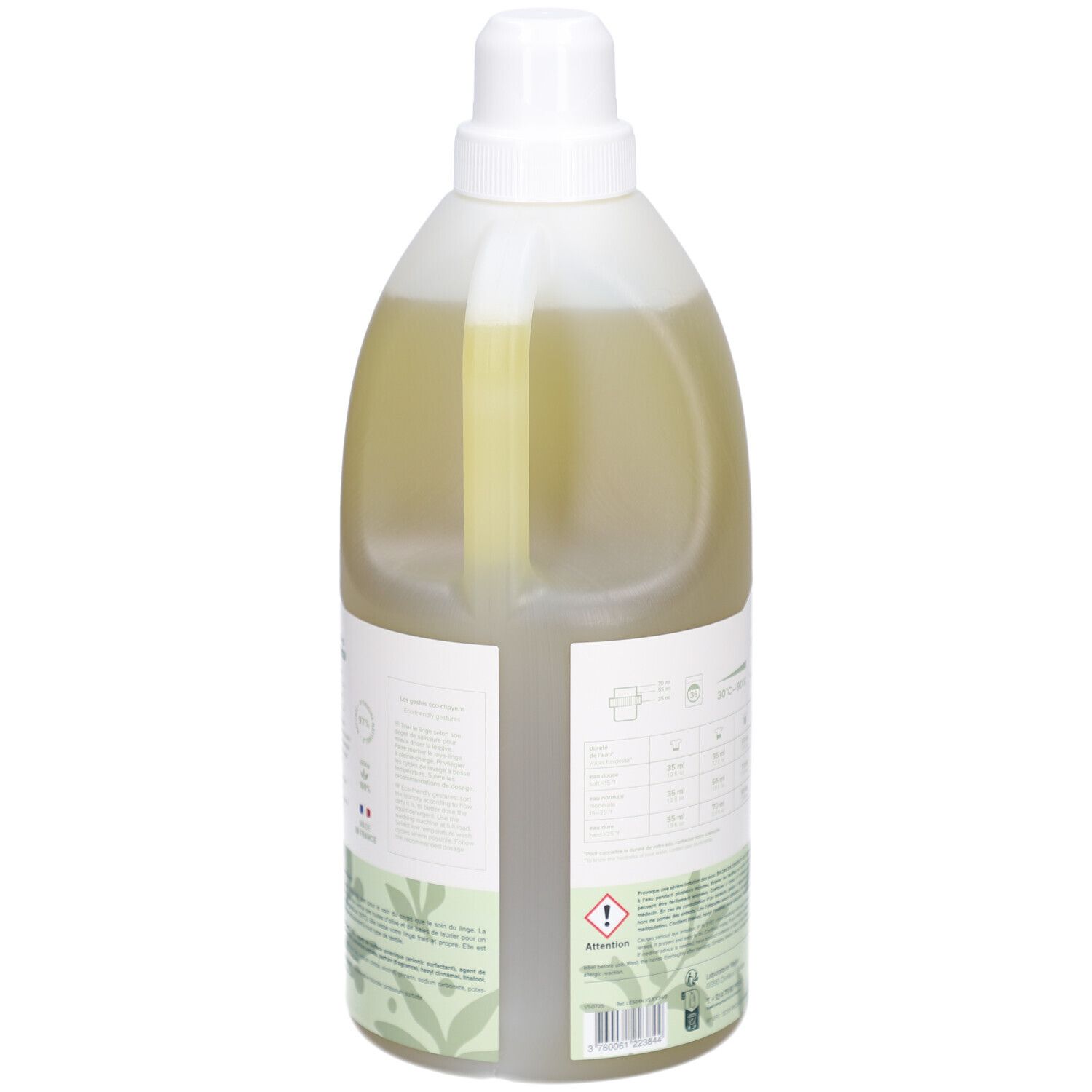 Achterkant van een fles vloeibaar wasmiddel. Etiket met informatie en wasinstructies. Waarschuwing.