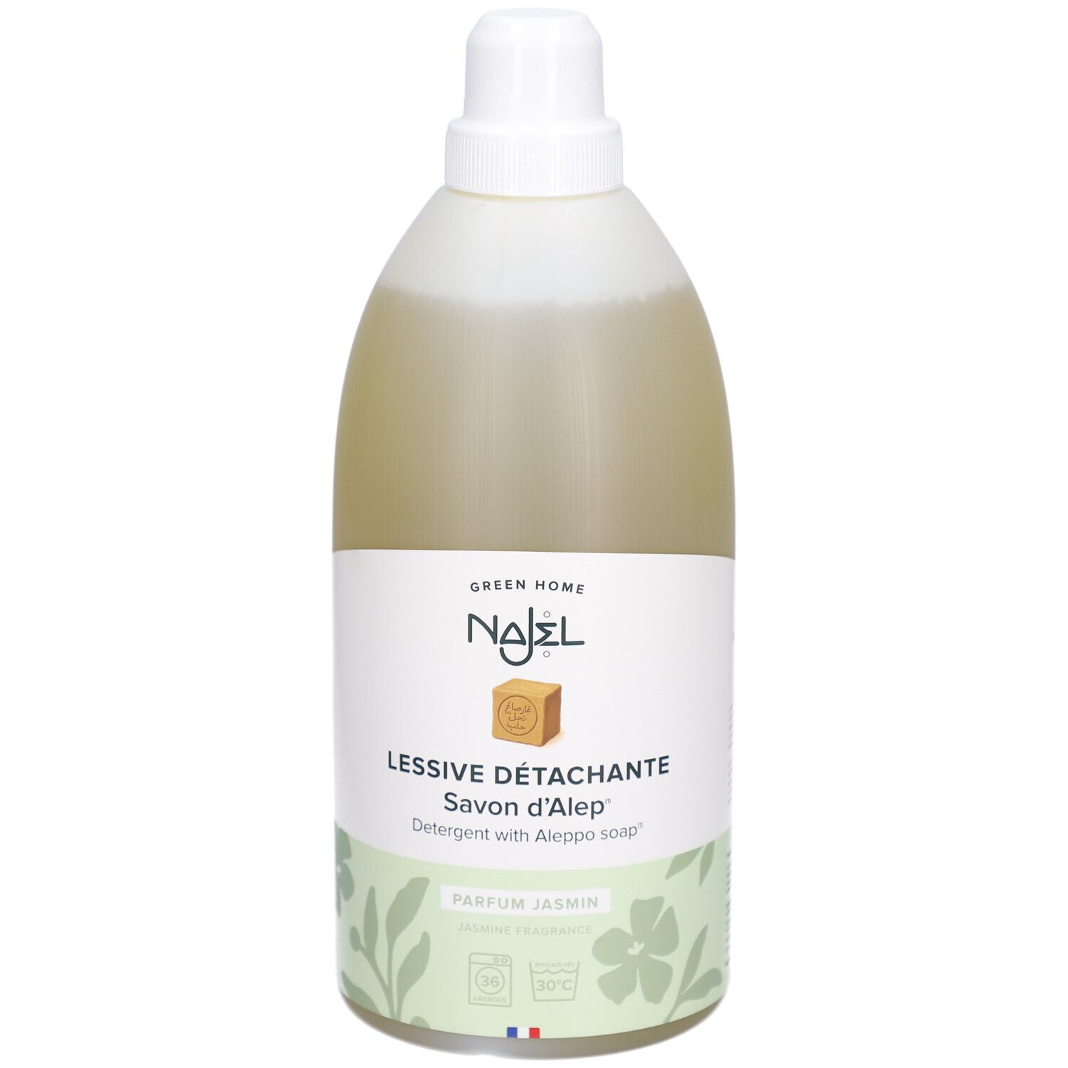 Vloeibaar wasmiddel in fles. Opschrift: NAJEL, Lessive Détachante, Savon d'Alep. Jasmijngeur. Groen etiket.