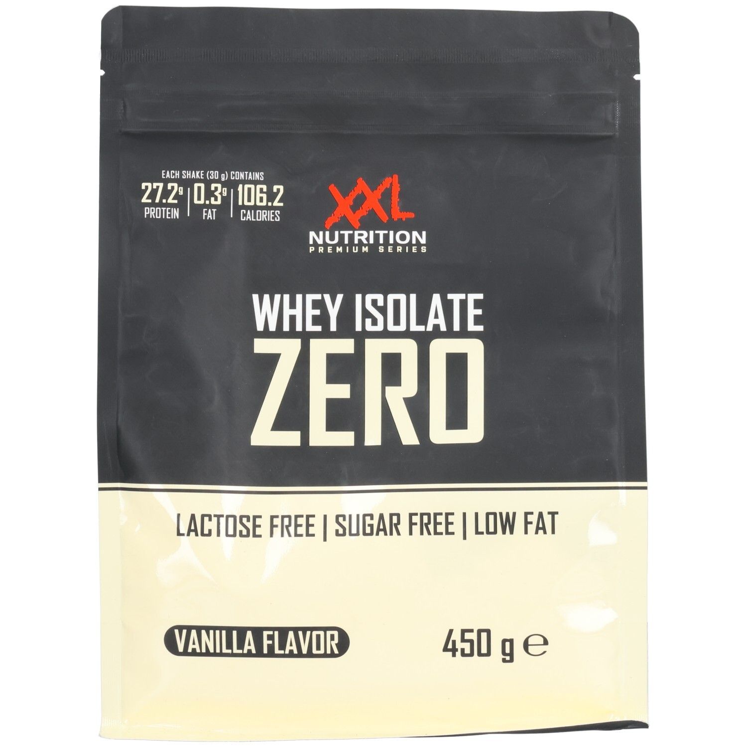 Zwarte verpakking met witte tekst. Bevat Whey Isolate Zero. Bovenin het logo van XXL Nutrition. Onderaan staat "Vanilla Flavor" en "450 g e".