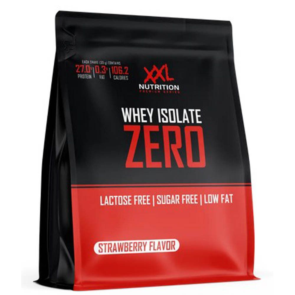 Zwarte verpakking met rode onderkant. XXL Nutrition Whey Isolate Zero. Aardbei smaak. Voedingswaarden: eiwit, vet, calorieën.