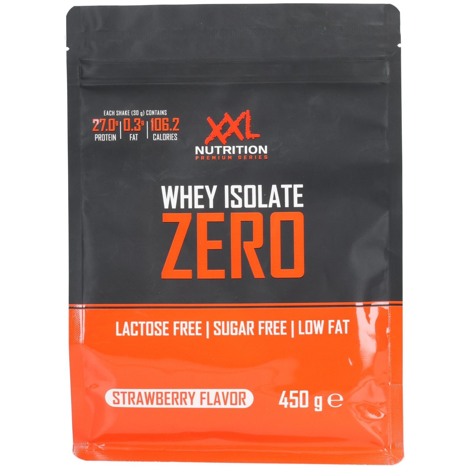 Sachet noir et rouge. Whey Isolate Zero, saveur fraise. Contient 450g. Informations nutritionnelles : protéines, matières grasses, calories.