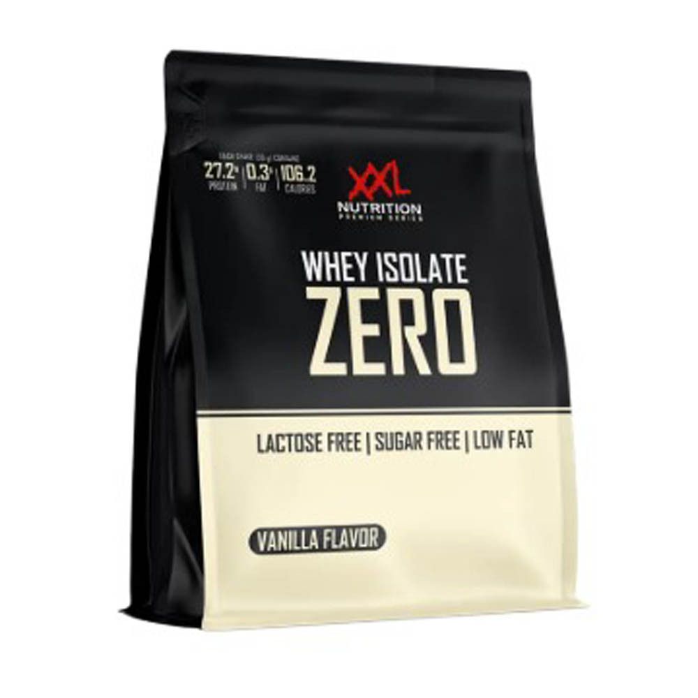 Zak XXL Nutrition Whey Isolate Zero. Bevat 27,2g eiwit, 0,3g vet, 106,2 calorieën. Lactosevrij, suikervrij, vetarm. Vanillesmaak.