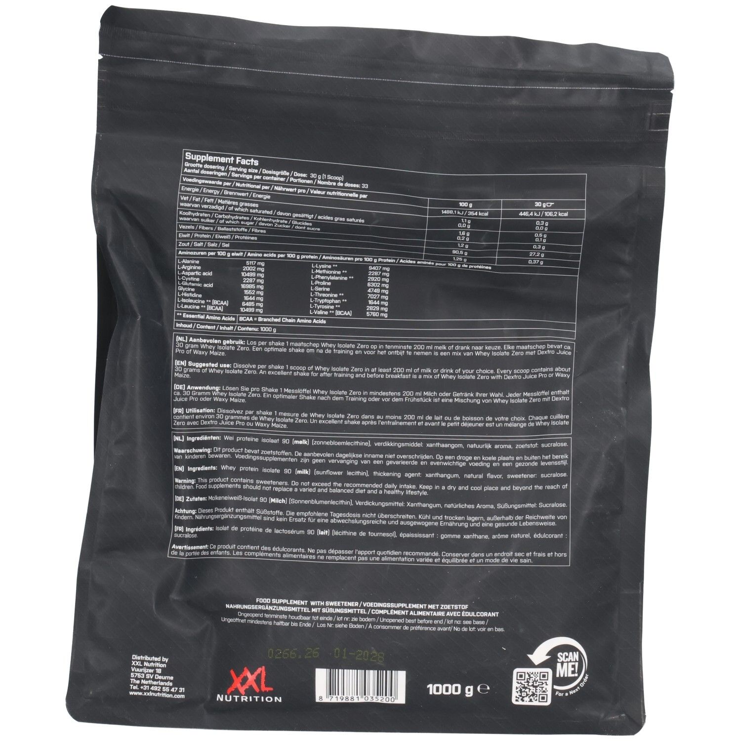 Dos du sachet XXL Nutrition Whey Isolate Zero. Contient informations nutritionnelles, liste d'ingrédients et instructions. 1000g. Code QR à scanner.