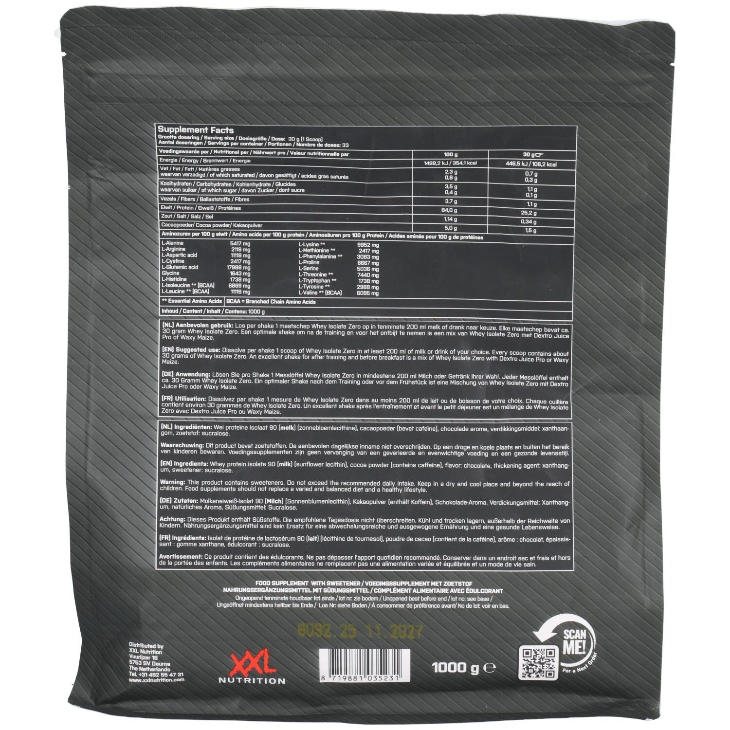 Dos d'un emballage de Whey Isolate Zero. Contient des informations nutritionnelles, une liste d'ingrédients et des avertissements. Marque et poids : 1000 g.