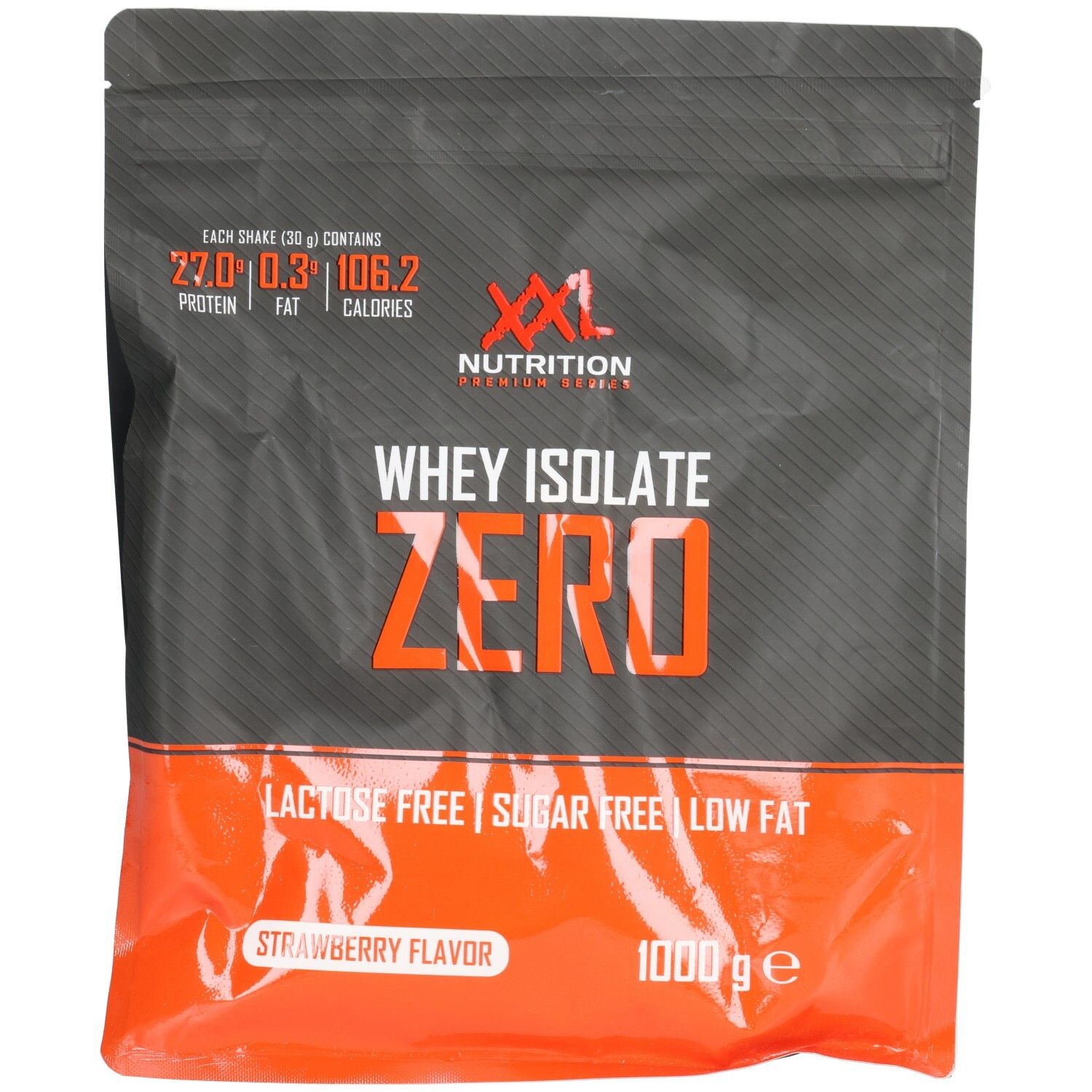 Sachet de Whey Isolate Zero. Inscription orange. Contient 27g de protéines, 0,3g de matières grasses, 106,2 calories. Goût fraise, 1000g.