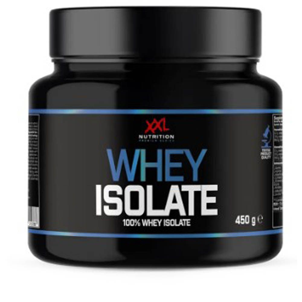 Pot noir avec couvercle. Inscription: XXL Nutrition Whey Isolate, 450 g. 100% Whey Isolate.