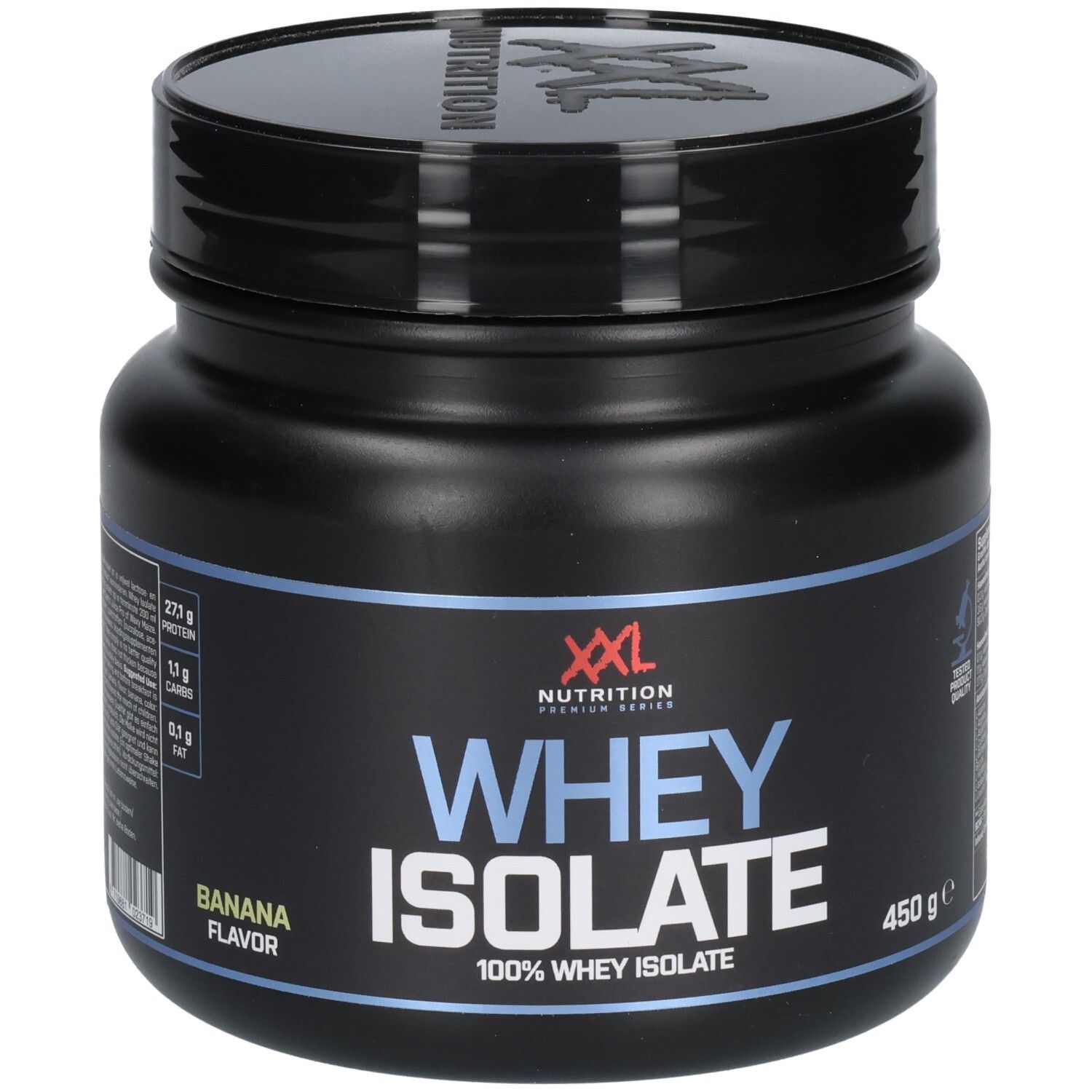 Pot noir avec couvercle. Inscription: XXL Nutrition Whey Isolate, saveur banane, 450 g. Contient des informations nutritionnelles.