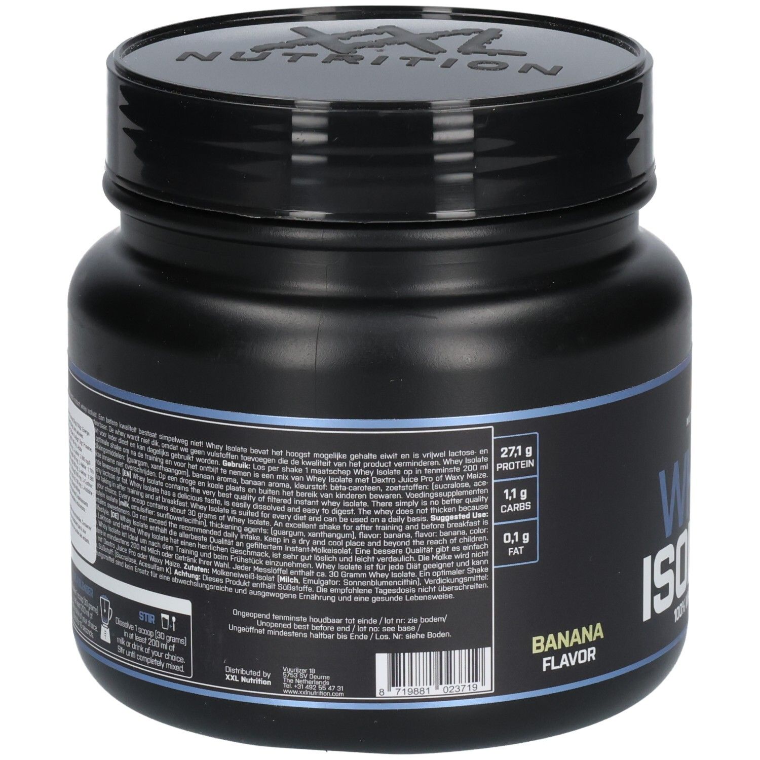 Dos d'un pot noir. Contient du texte avec informations nutritionnelles et ingrédients. Saveur banane. XXL Nutrition Whey Isolate.