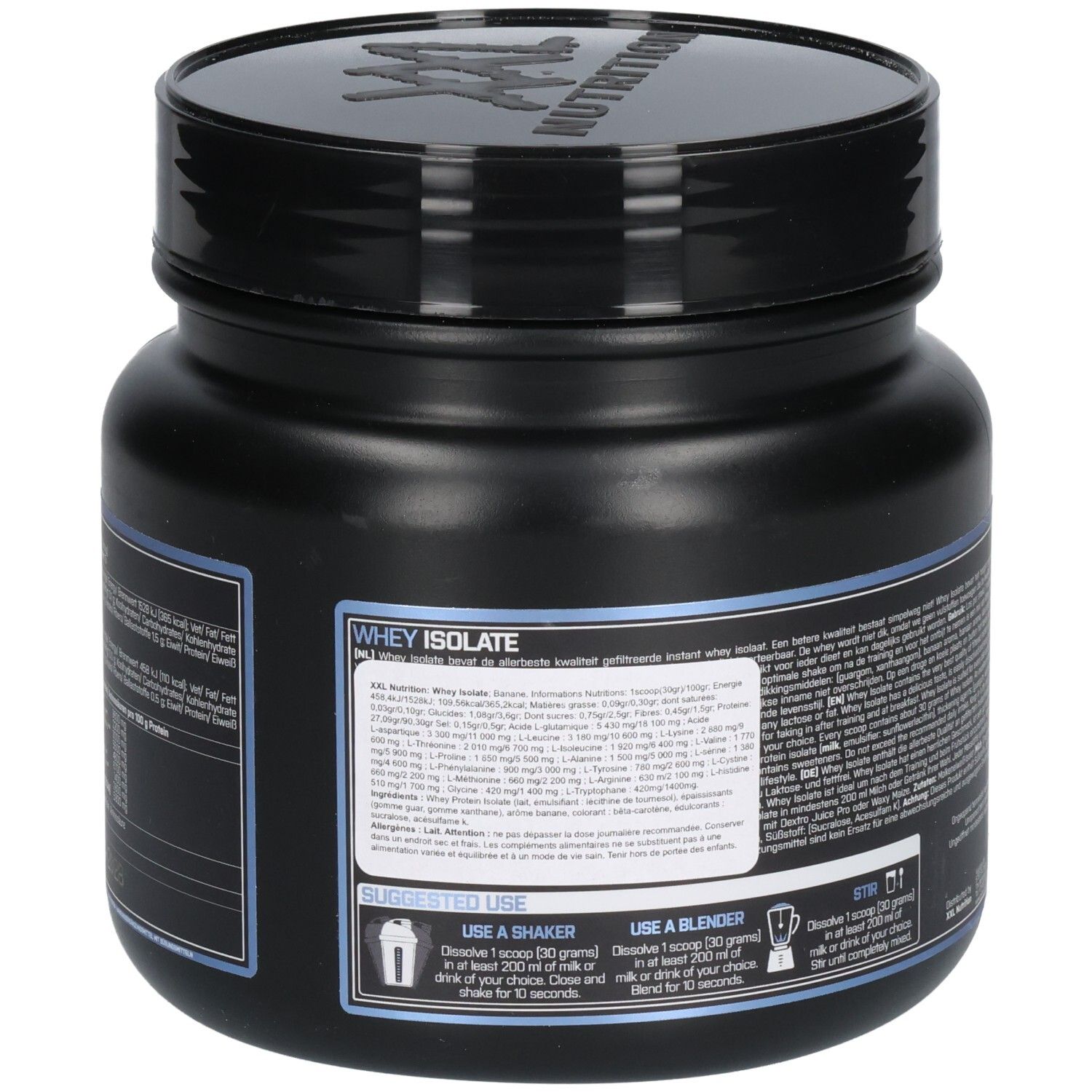 Dos d'un pot noir. Contient du texte avec informations nutritionnelles et instructions d'utilisation. XXL Nutrition Whey Isolate.