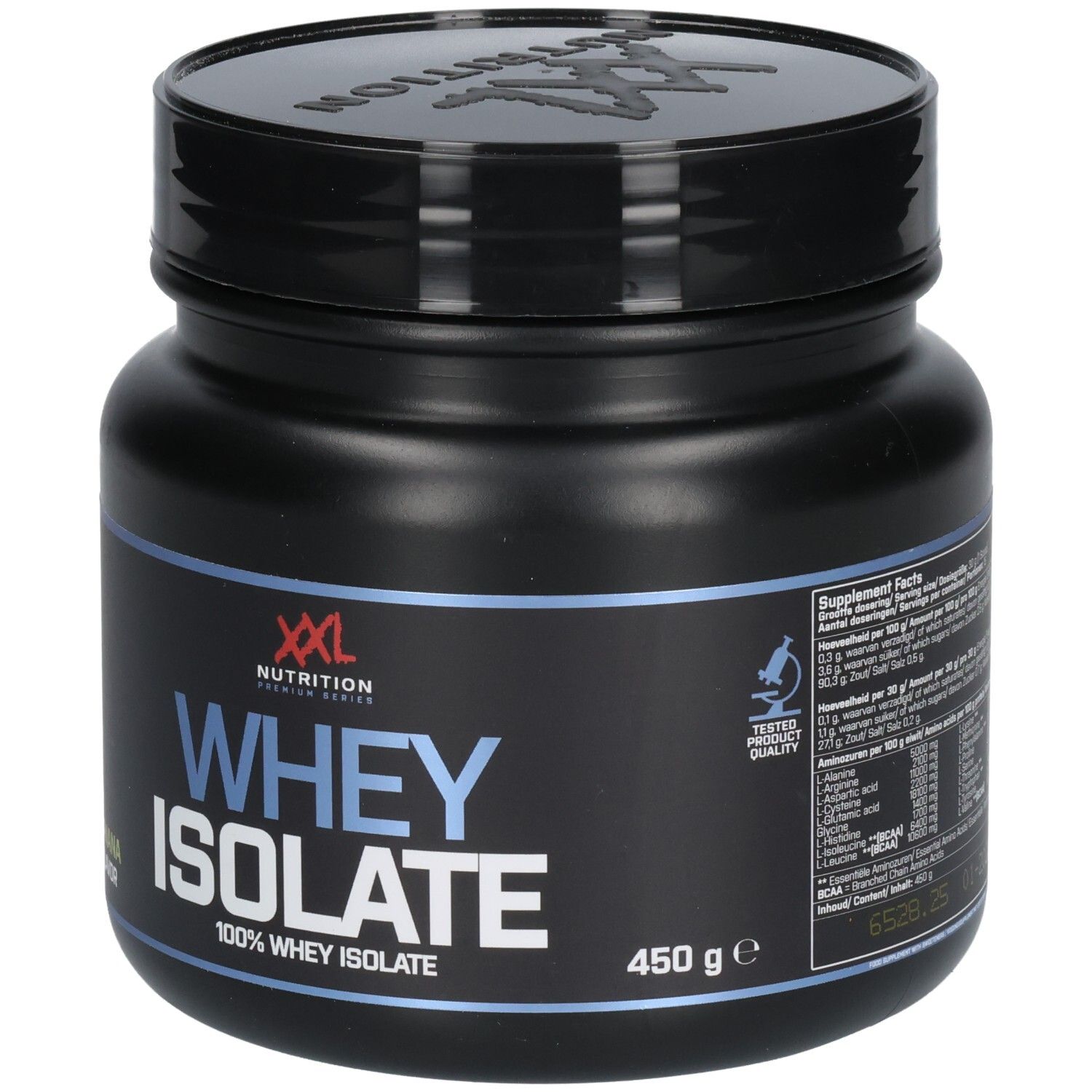 Pot noir avec couvercle. Inscription: XXL Nutrition Whey Isolate, 450 g. Contient des informations nutritionnelles et un label de qualité.