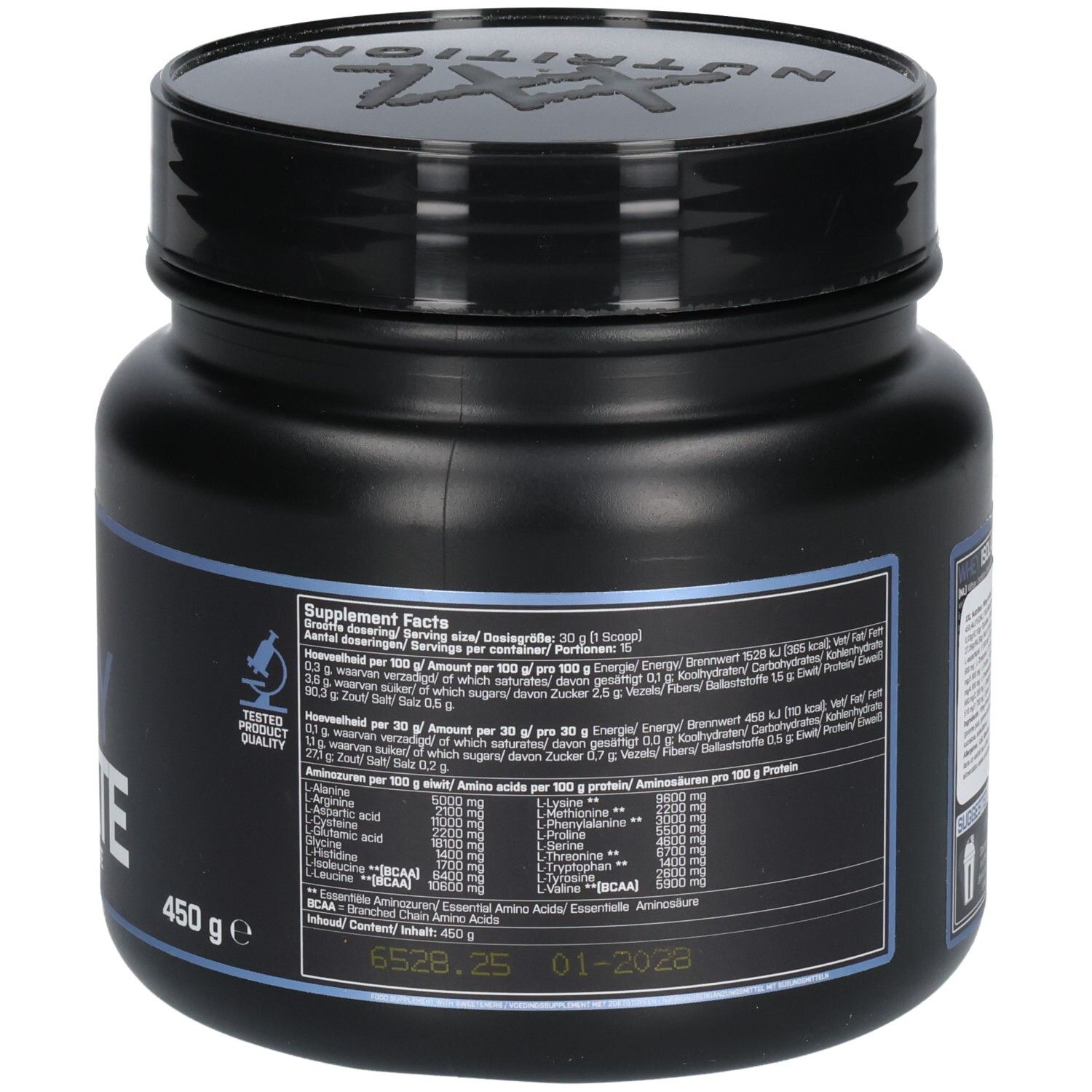 Dos d'un pot noir. Contient des informations nutritionnelles, profil d'acides aminés et un label de qualité. XXL Nutrition Whey Isolate.