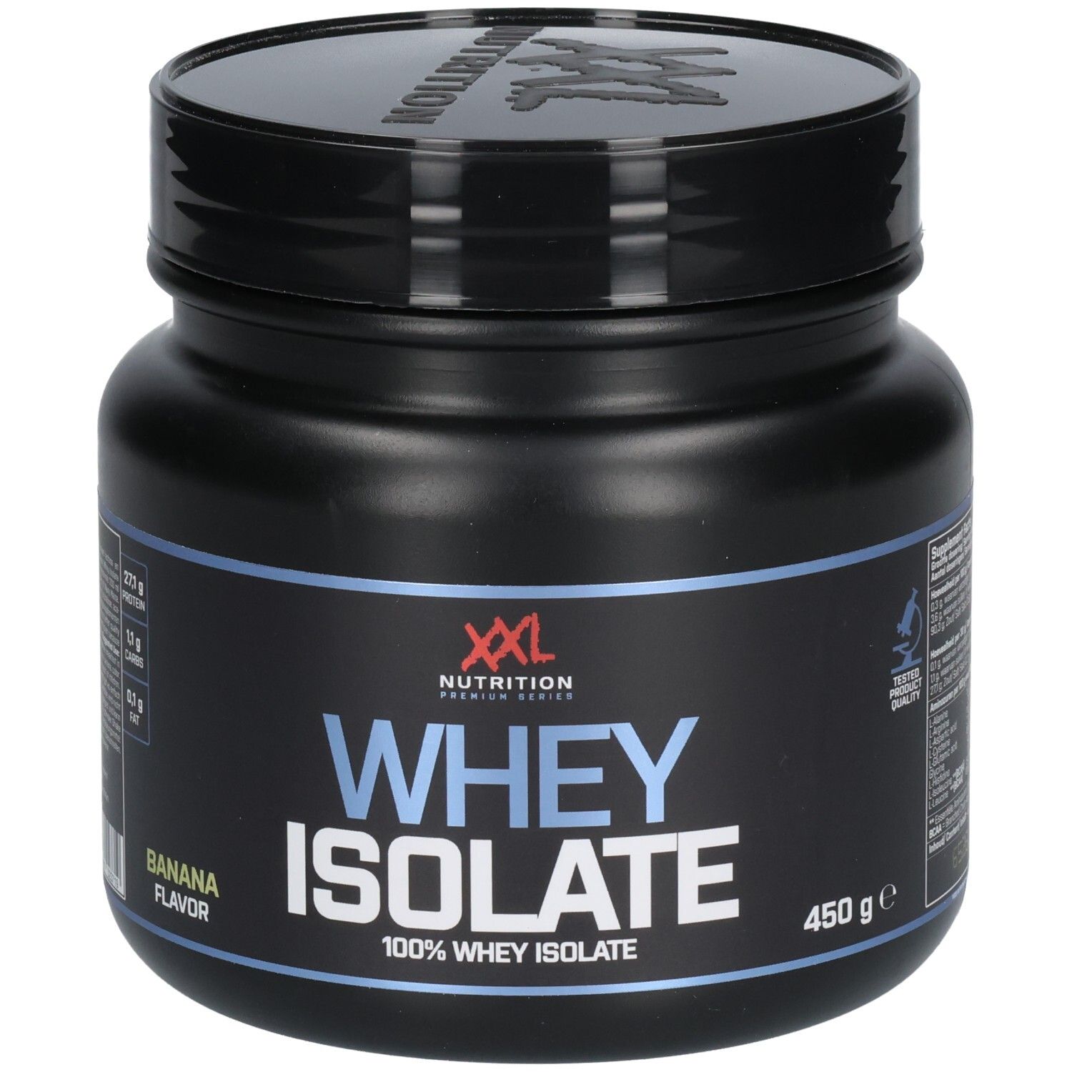 Pot noir avec couvercle. Inscription: XXL Nutrition Whey Isolate, saveur banane, 450 g. 100% Whey Isolate.