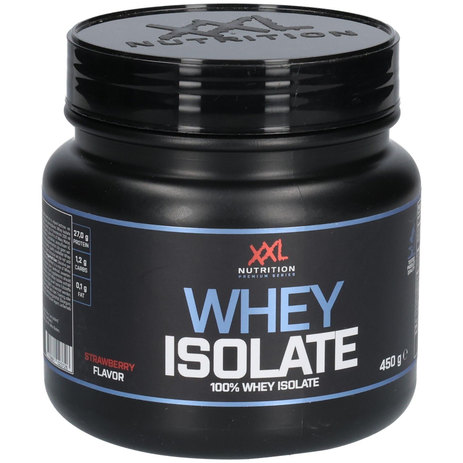 Pot noir avec couvercle. Inscription: XXL Nutrition Whey Isolate, saveur fraise, 450g. Détails bleus et blancs.