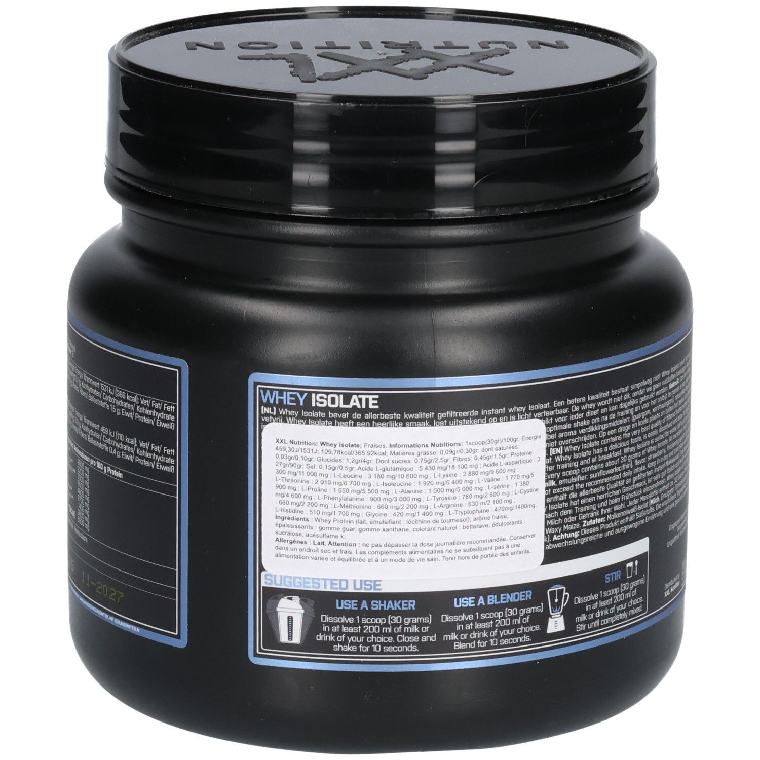 Dos du pot noir. Texte en plusieurs langues. Instructions d'utilisation avec shaker et mixeur.