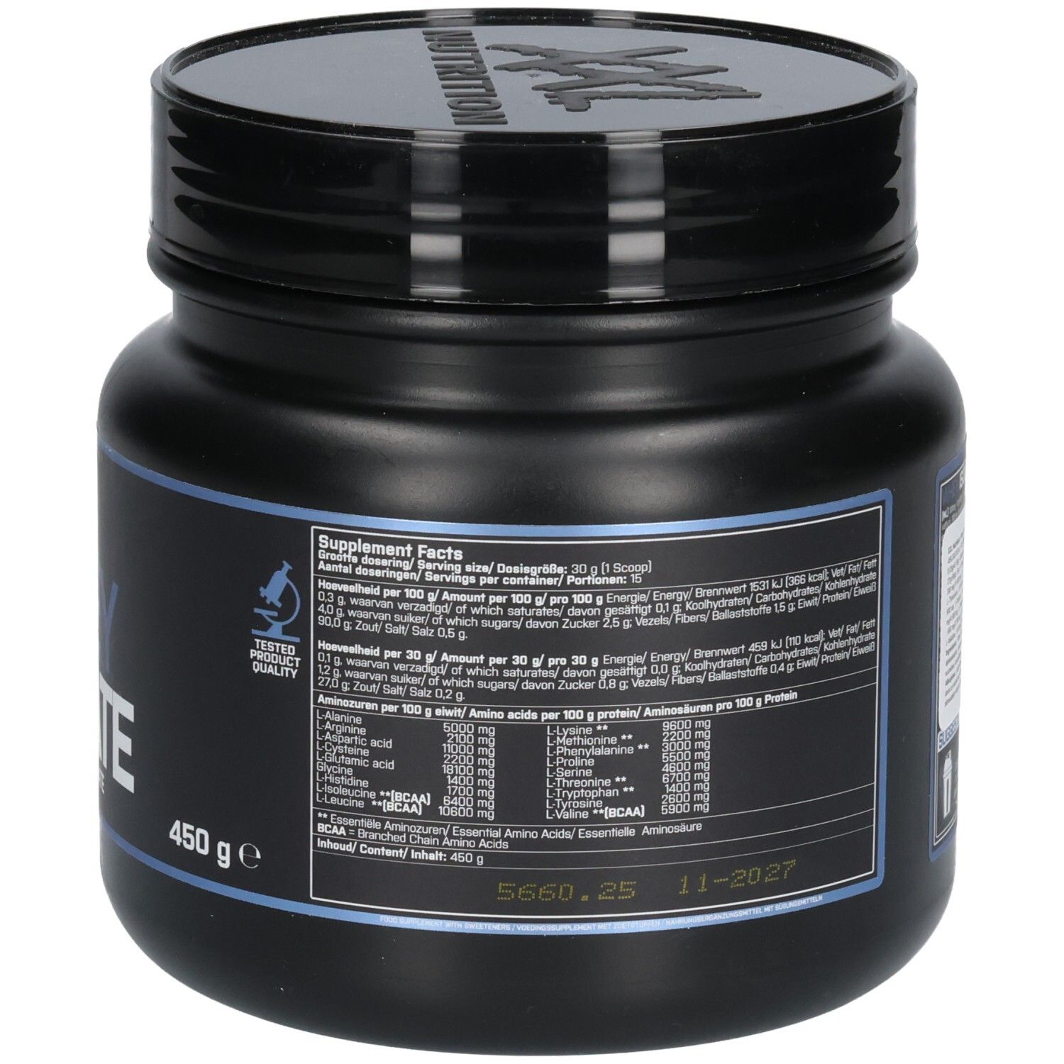 Dos du pot noir. Informations nutritionnelles et profil des acides aminés. Label de qualité. Date de péremption.