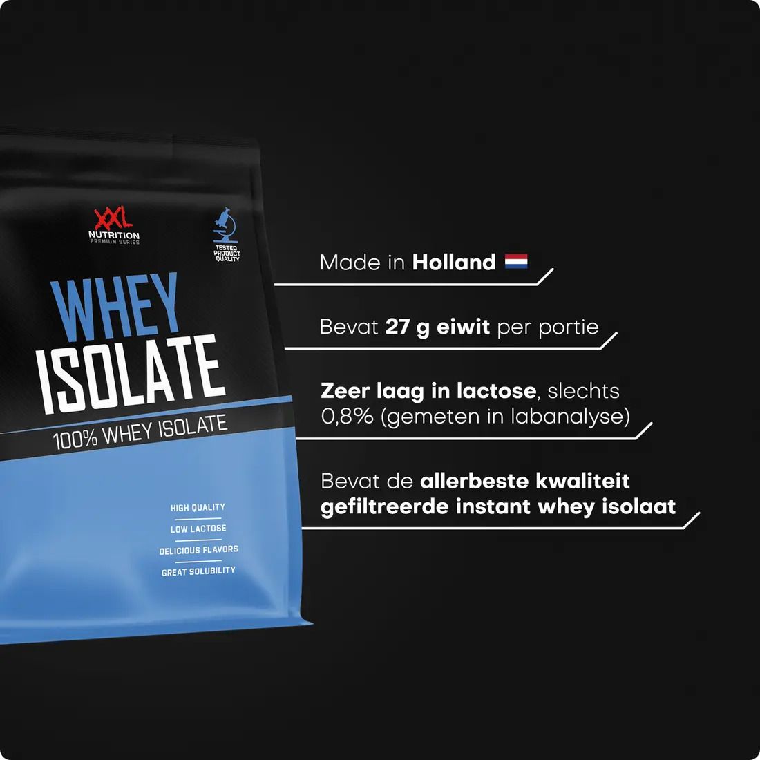 Zak met blauwe en zwarte opschrift: XXL Nutrition Whey Isolate. Tekst in het Nederlands. Gemaakt in Holland.