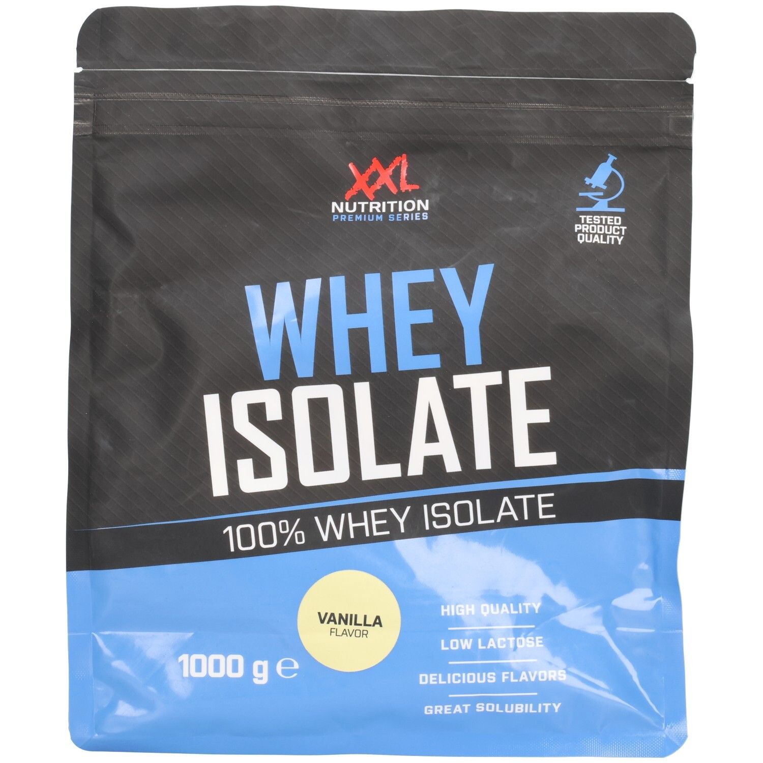 Sachet de Whey Isolate. Emballage bleu et noir avec nom et logo du produit. Contient 1000g. Saveur vanille.