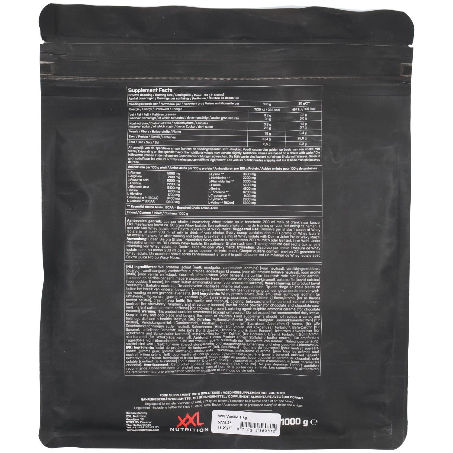 Dos du sachet de Whey Isolate. Sachet noir avec informations nutritionnelles et liste des ingrédients en plusieurs langues.