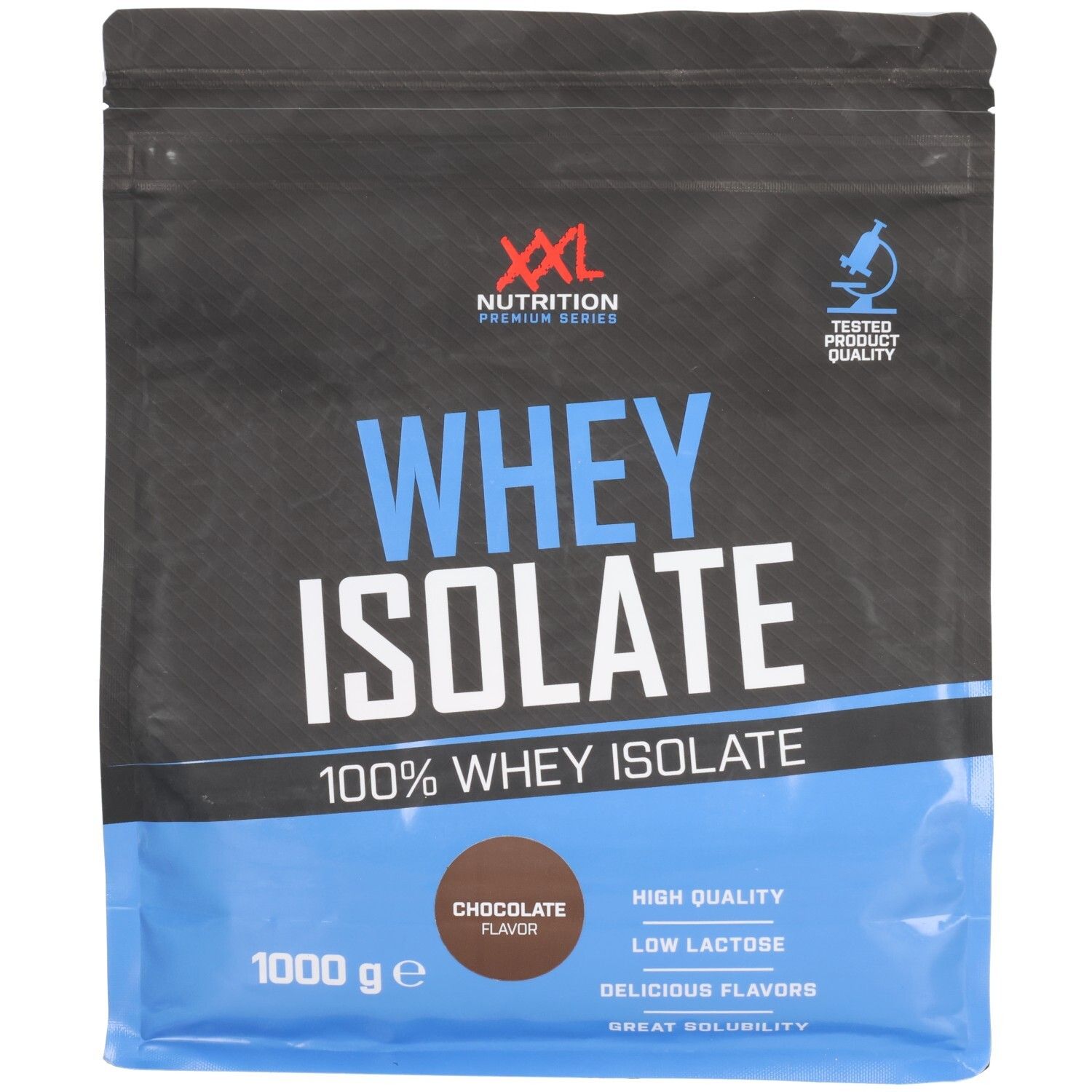 Sachet noir de Whey Isolate XXL Nutrition. Texte : Whey Isolate, 100% Whey Isolate, saveur chocolat, 1000 g. Logo et label de qualité.