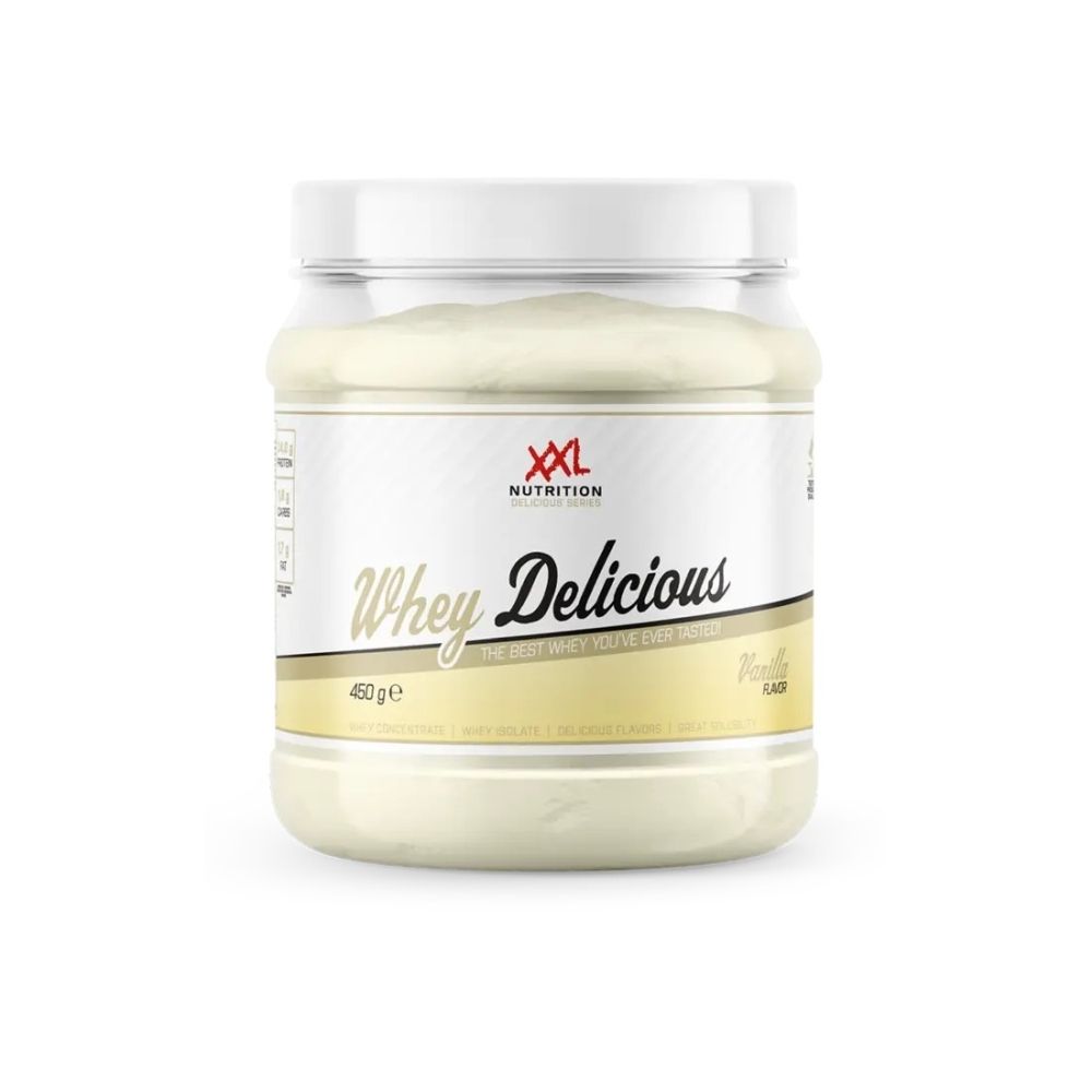XXL Nutrition Whey Délicieuse Vanille. Pot met witte deksel. Opschrift: Whey Delicious, Vanille. 450g.