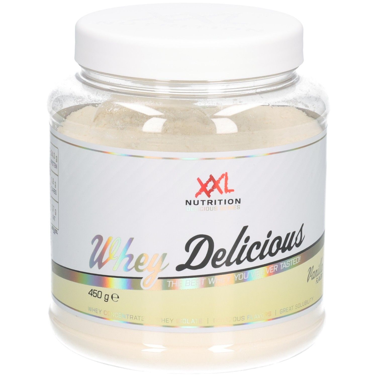 XXL Nutrition Whey Délicieuse Vanille. Pot met witte deksel. Bevat poeder. Opschrift: Whey Delicious, Vanille.