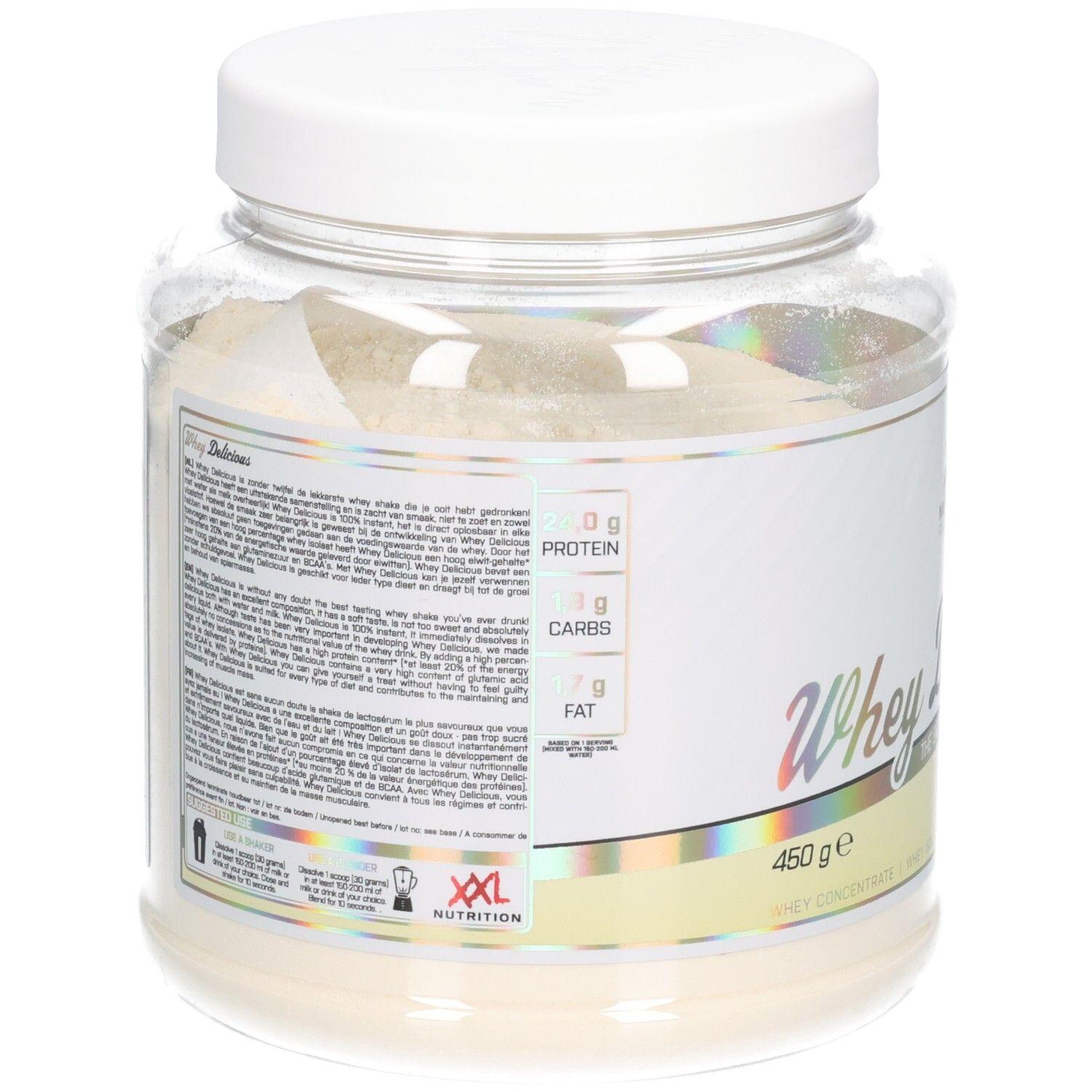 XXL Nutrition Whey Délicieuse Vanille. Achterkant van de pot. Voedingswaarde en ingrediënten. 450g.