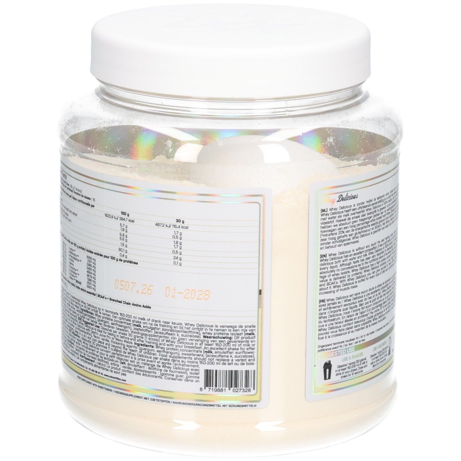 XXL Nutrition Whey Délicieuse Vanille. Achterkant van de pot. Voedingswaarde en ingrediënten. 450g.