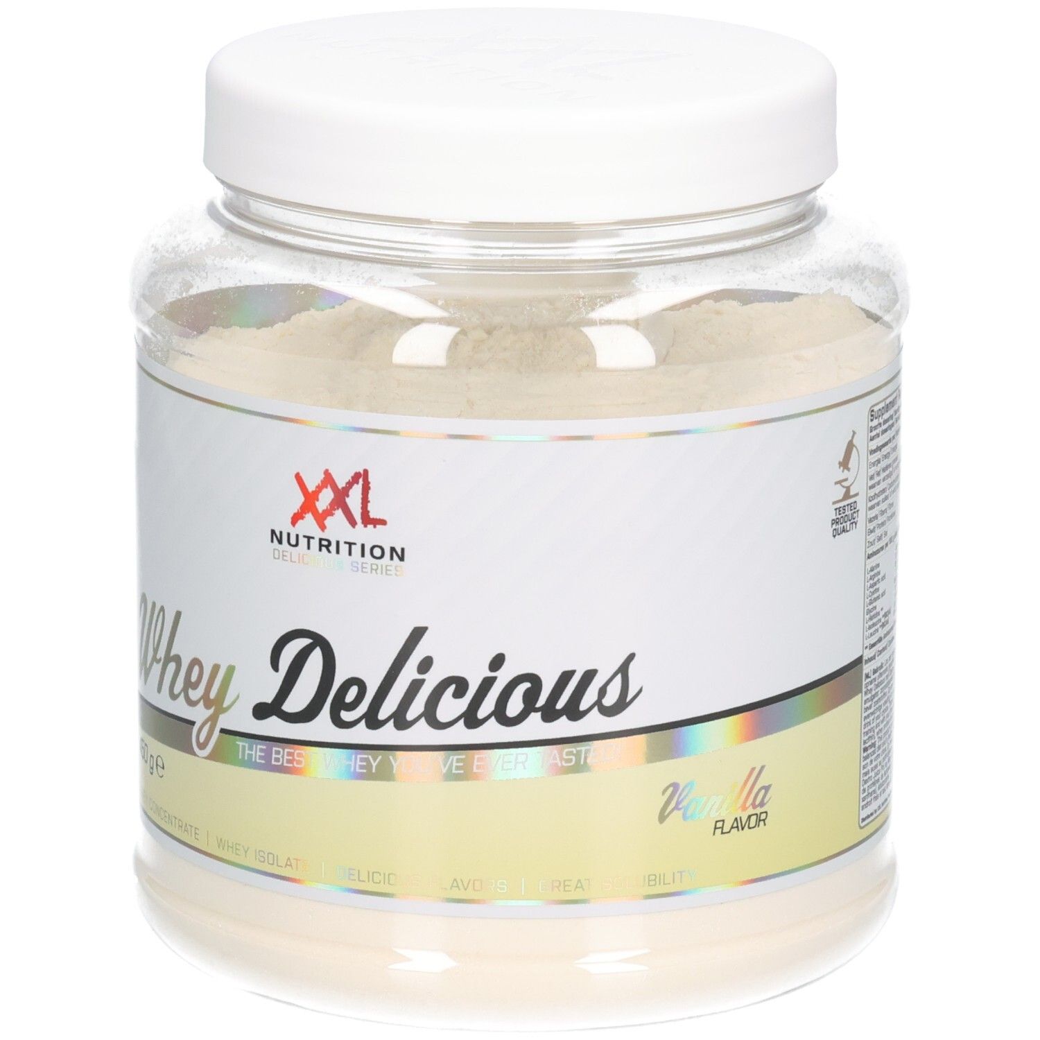 XXL Nutrition Whey Délicieuse Vanille. Pot met witte deksel. Opschrift: Whey Delicious, Vanille. 450g.
