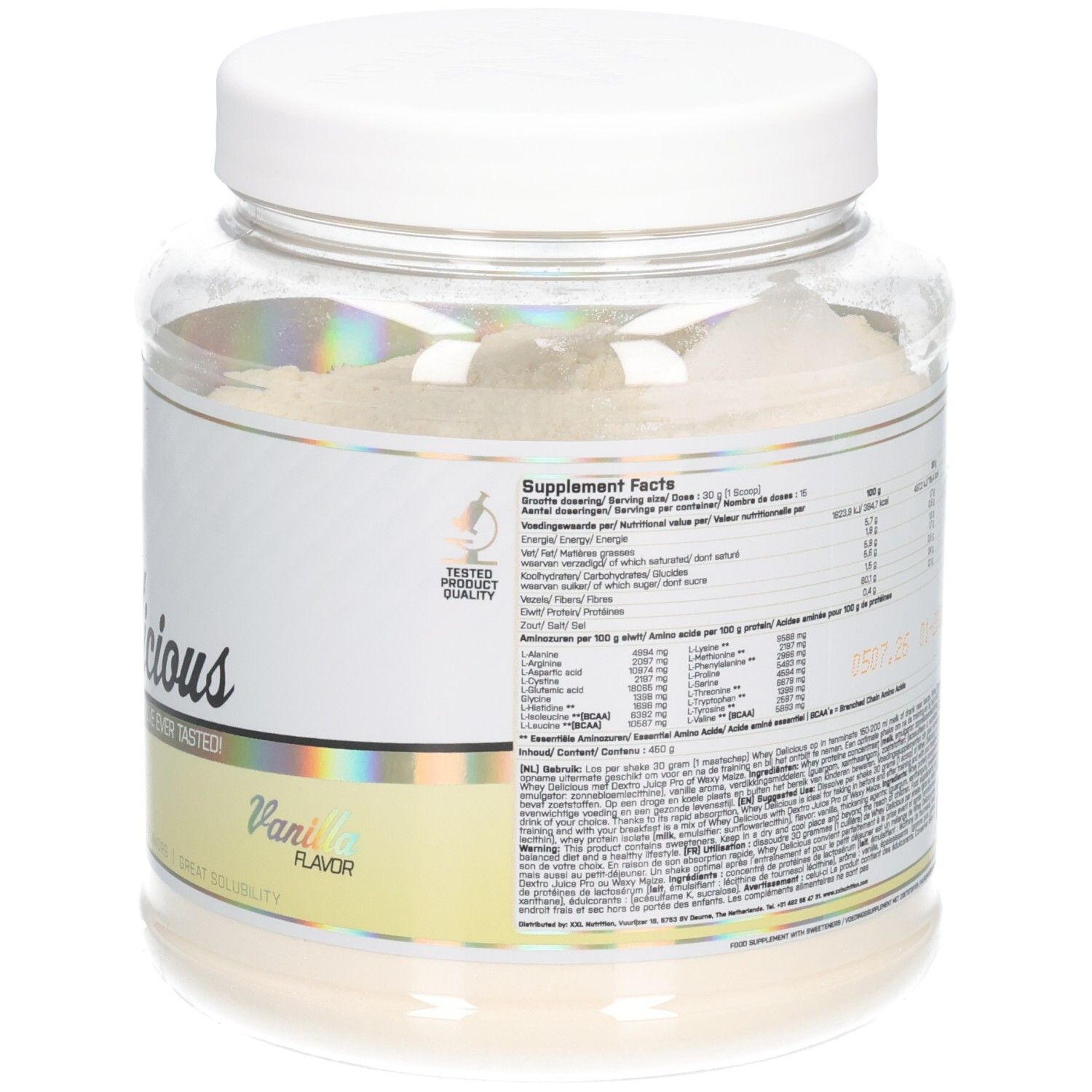 XXL Nutrition Whey Délicieuse Vanille. Achterkant van de pot. Voedingswaarde en ingrediënten. 450g.
