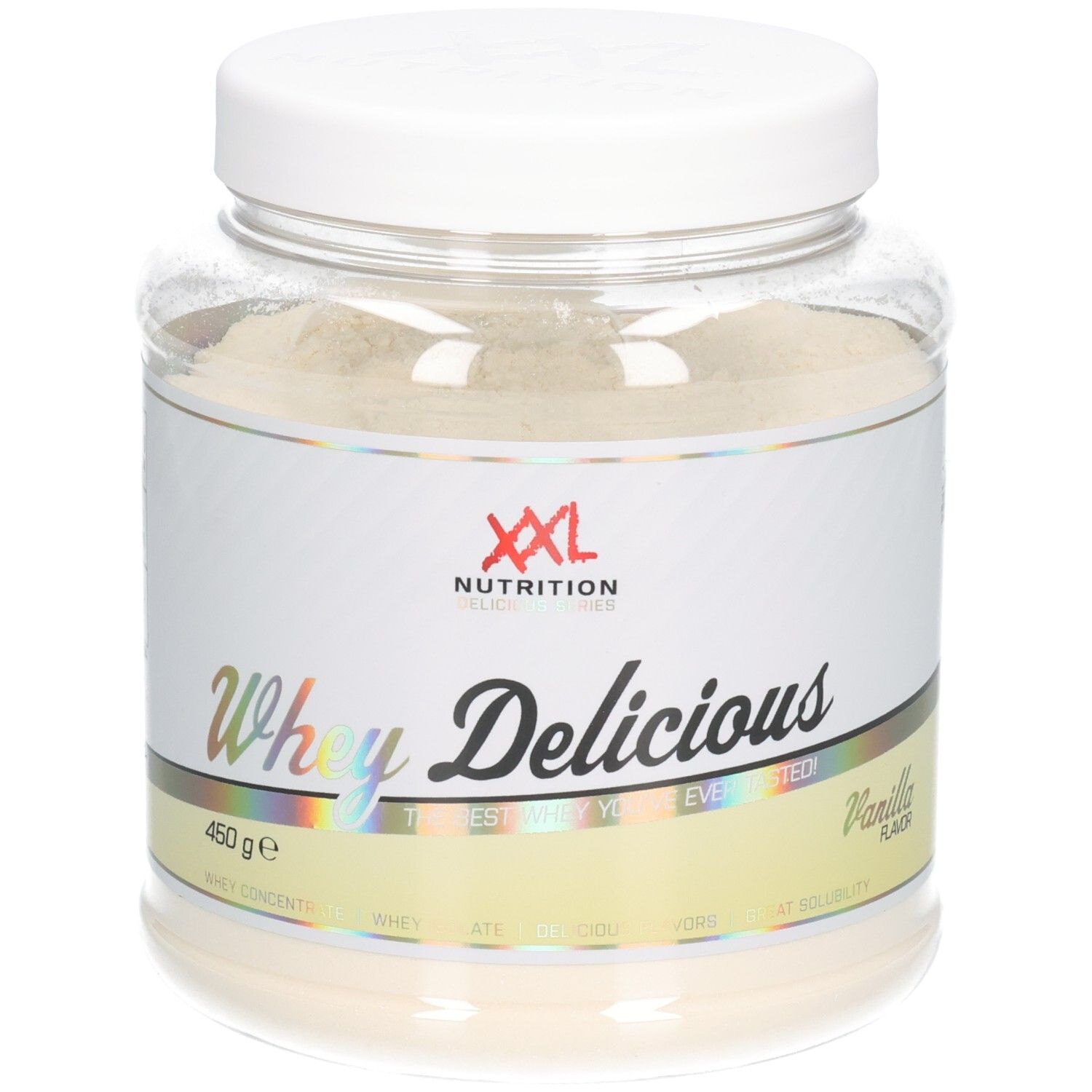 XXL Nutrition Whey Délicieuse Vanille. Pot met witte deksel. Opschrift: Whey Delicious, Vanille. 450g.