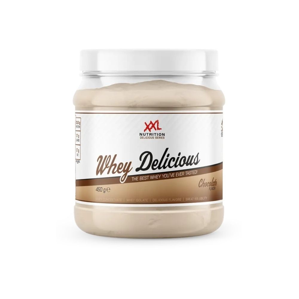Whey Délicieux chocolade eiwitpoeder in een transparante pot met witte deksel. XXL Nutrition logo.