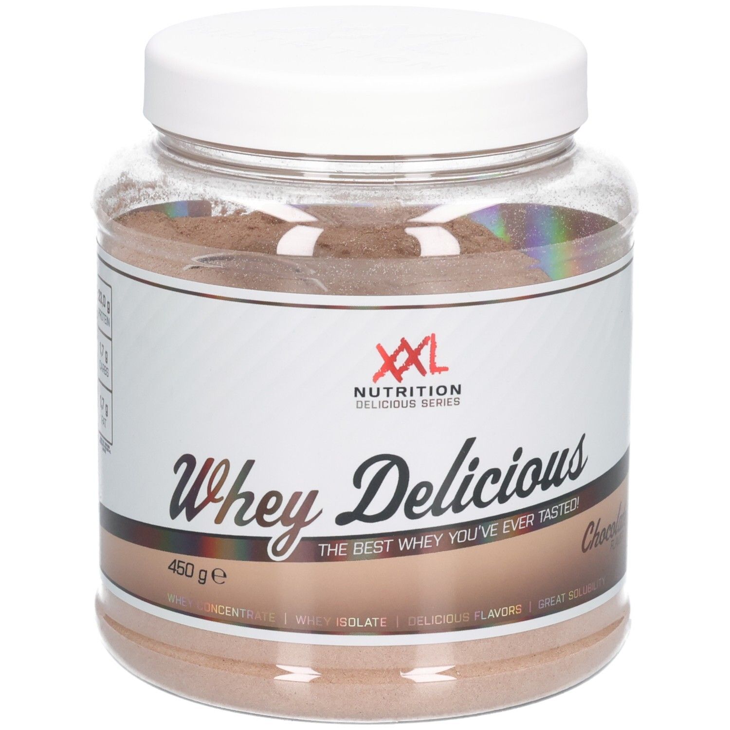 Whey Délicieux chocolade eiwitpoeder in een transparante pot met witte deksel. XXL Nutrition logo.