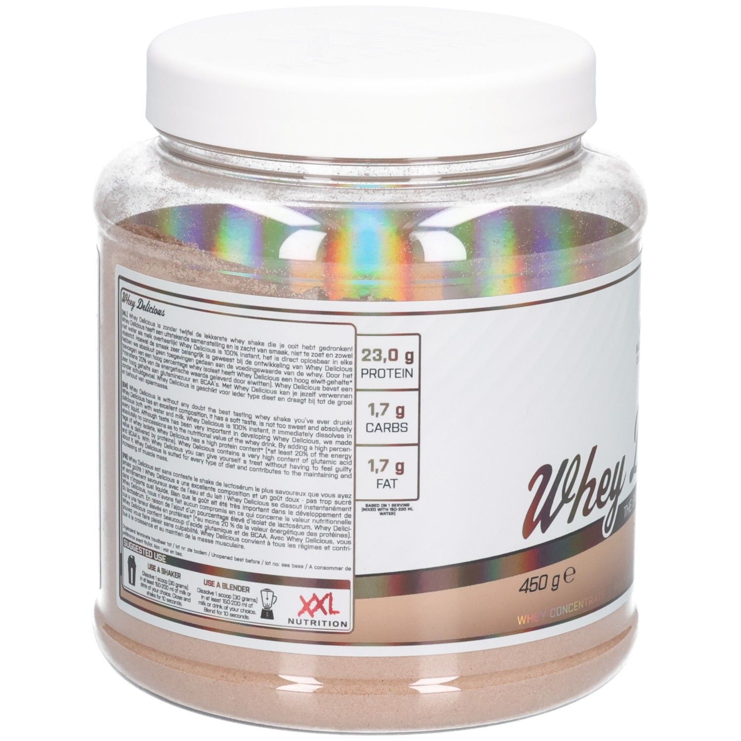 Achterkant van de Whey Délicieux chocolade eiwitpoeder pot. Bevat voedingsinformatie en het XXL Nutrition logo.