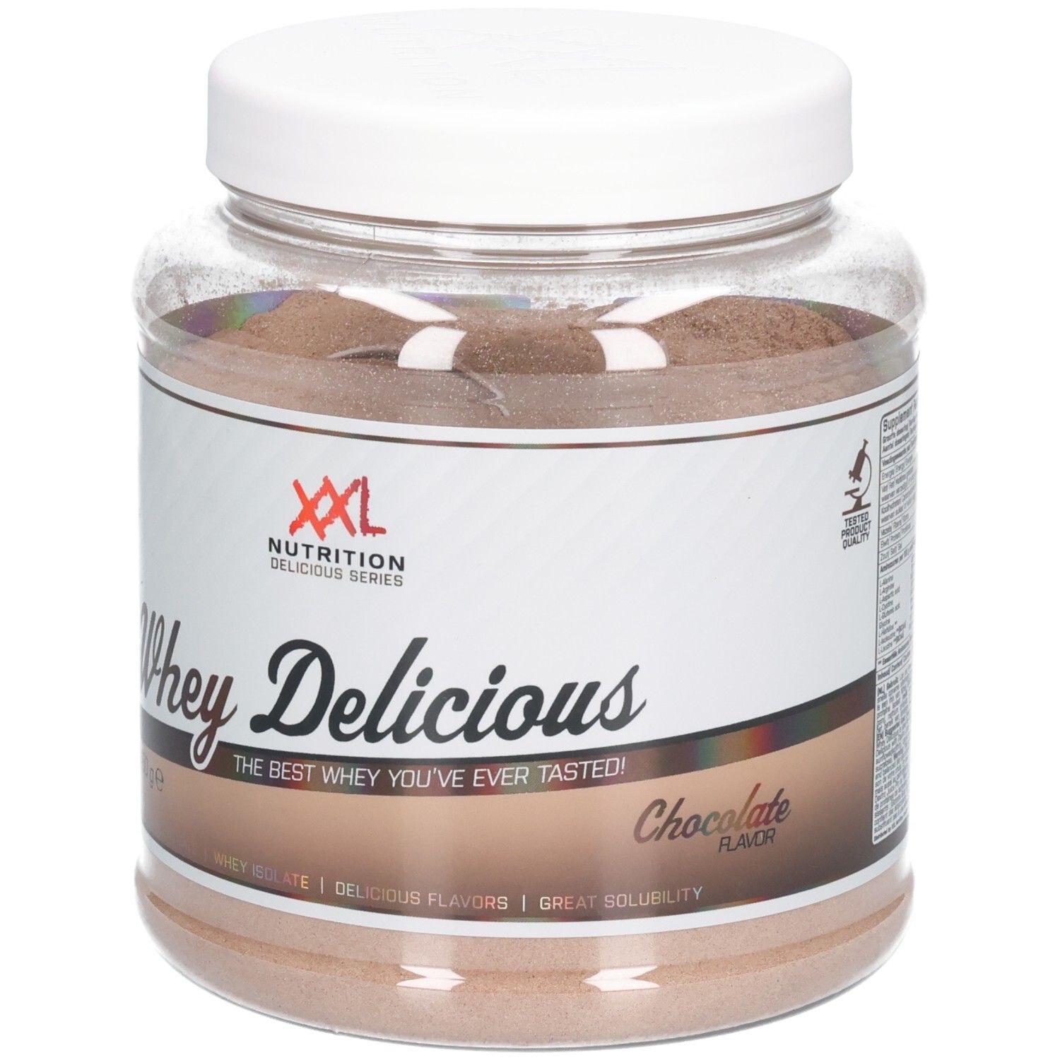 Whey Délicieux chocolade eiwitpoeder in een transparante pot met witte deksel. XXL Nutrition logo.