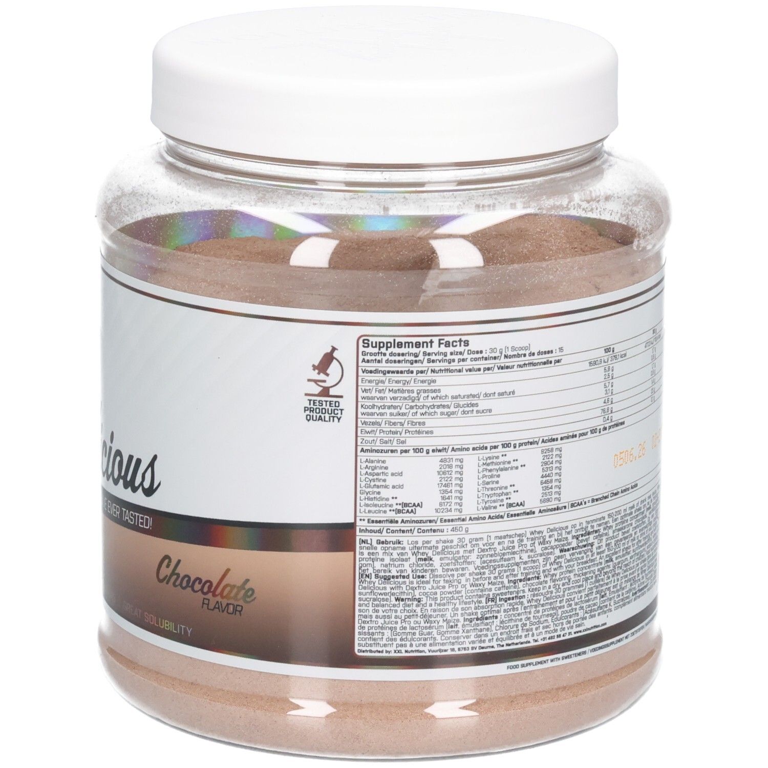 Whey Délicieux chocolade eiwitpoeder pot. Bevat voedingsinformatie en het 'Tested Quality' logo.