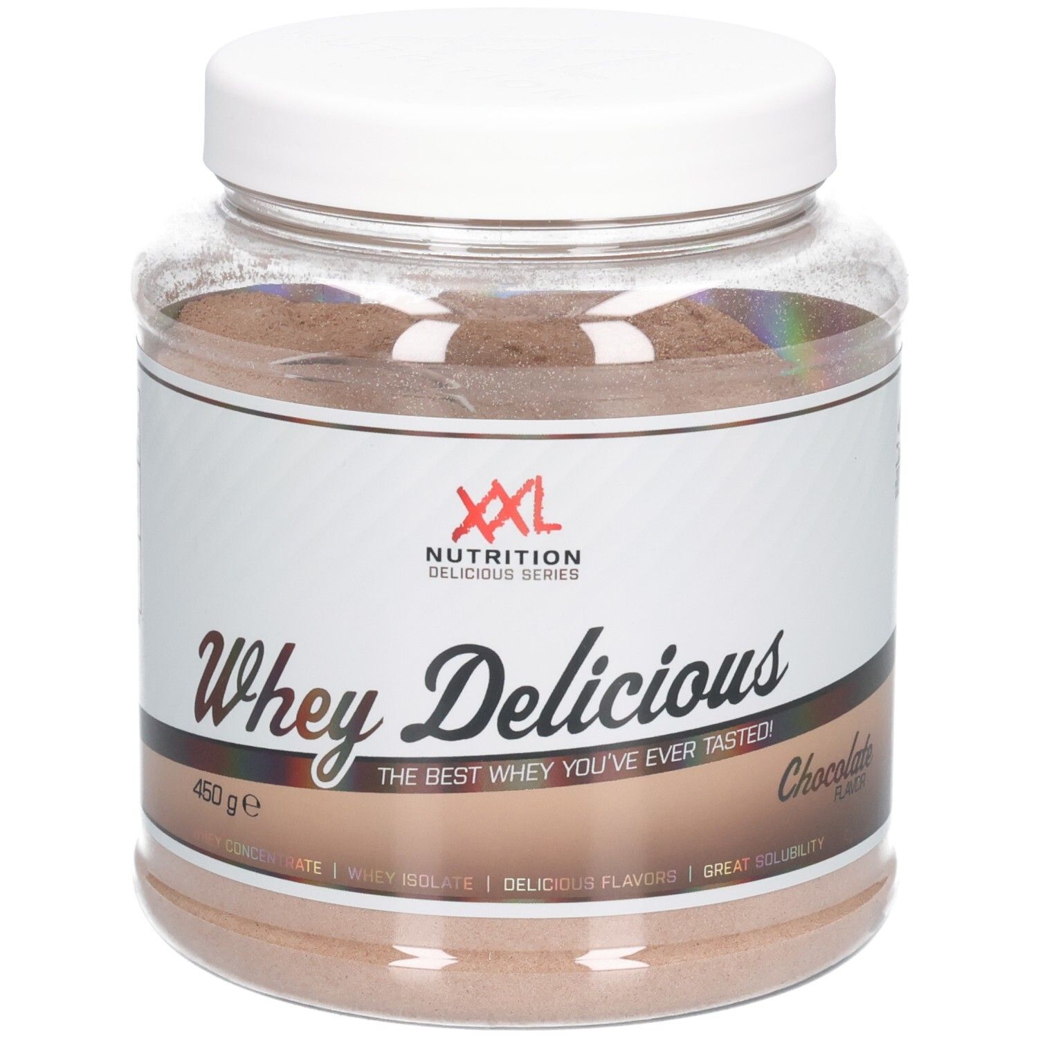 Whey Délicieux chocolade eiwitpoeder in een transparante pot met witte deksel. XXL Nutrition logo.