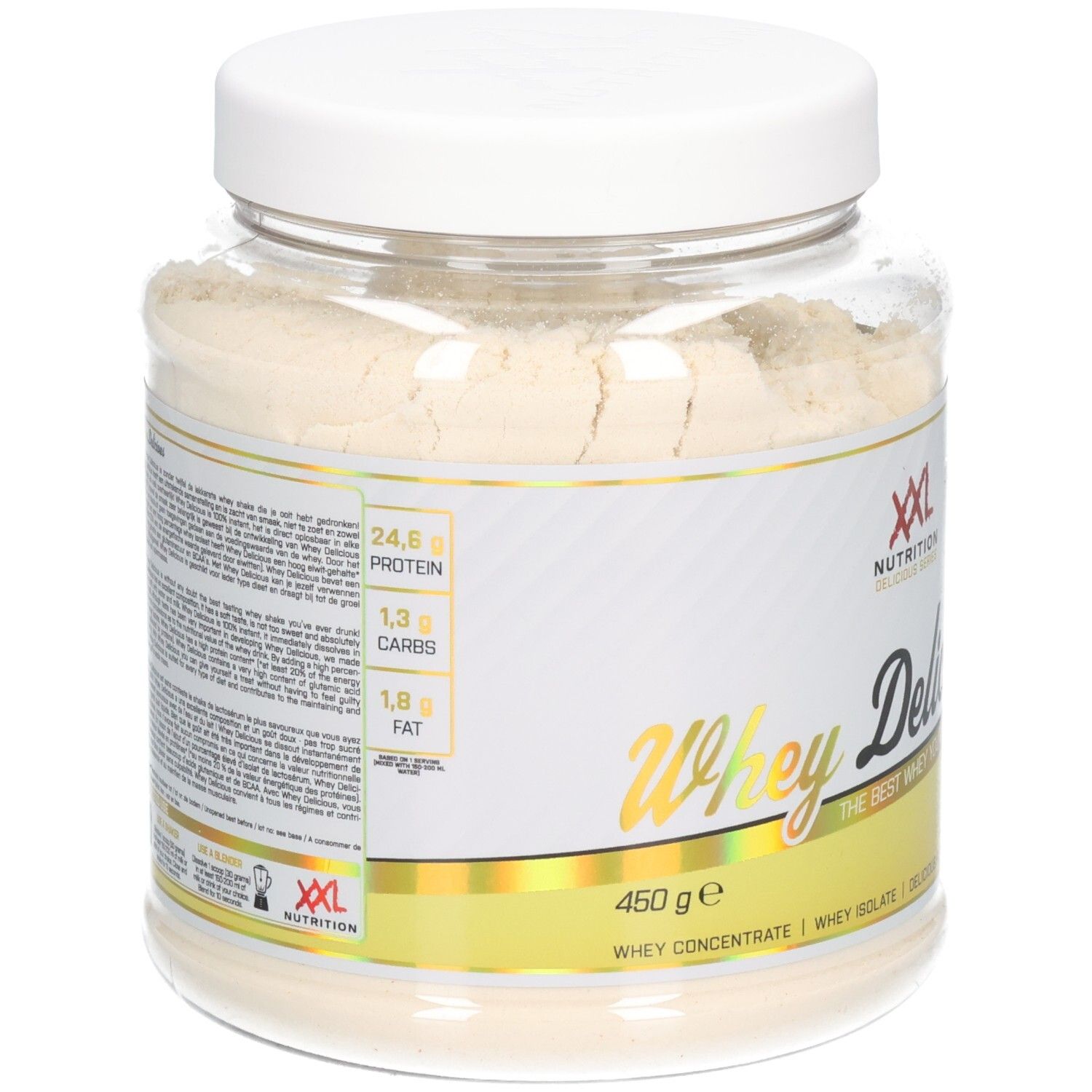XXL Nutrition Whey Delicious Banane : Arrière du pot avec informations nutritionnelles et détails du produit en français.