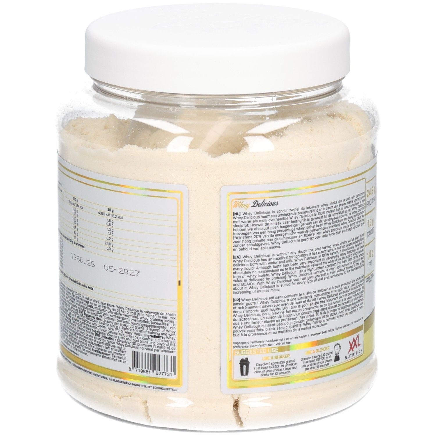 XXL Nutrition Whey Delicious Banane : Vue arrière du pot avec étiquette indiquant les informations nutritionnelles et les détails du produit en plusieurs langues.