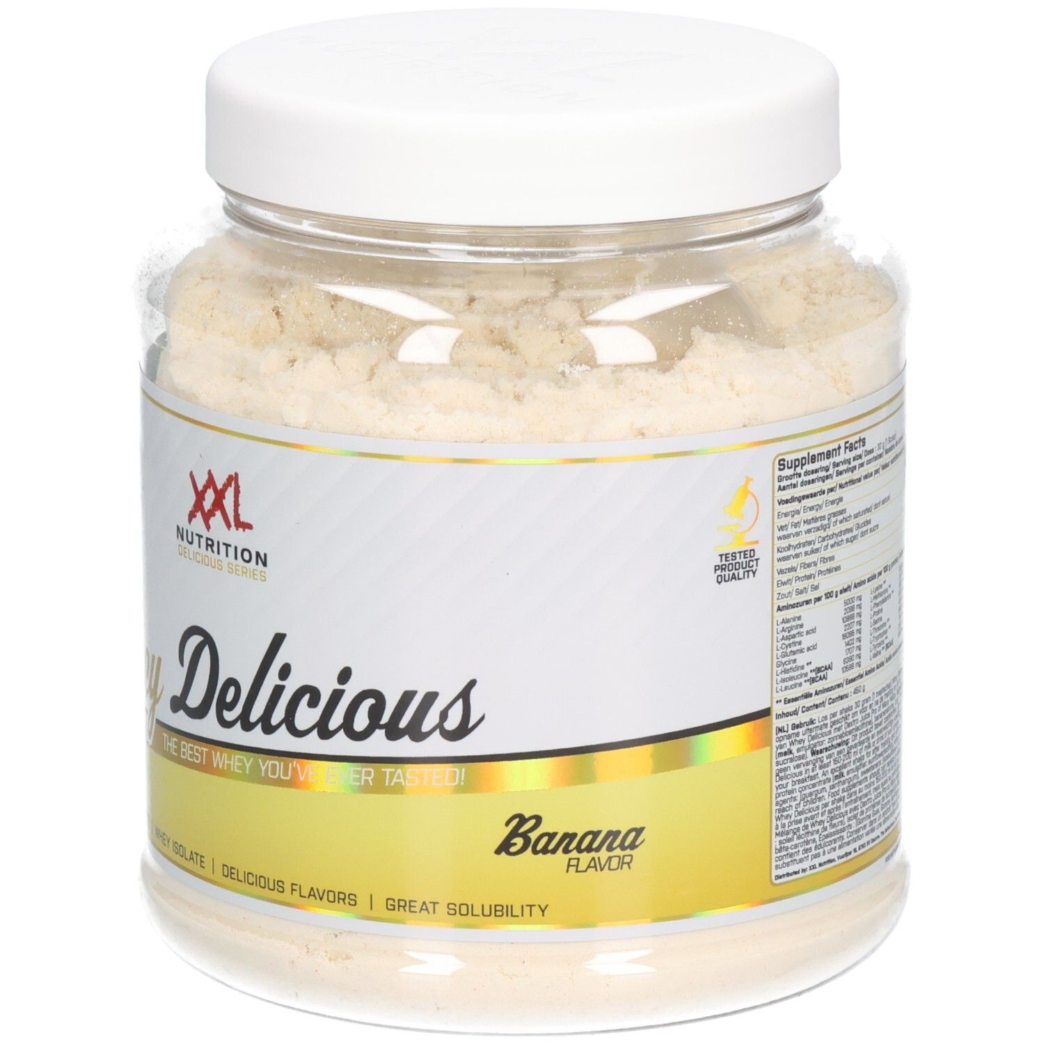 XXL Nutrition Whey Delicious Banane : Avant du pot avec étiquette mettant en avant "Banana Flavor" et "Tested".