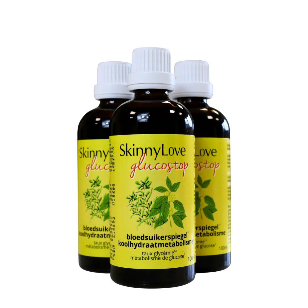 Trois bouteilles en verre brun avec étiquette jaune et bouchon blanc. SkinnyLove Glucostop.