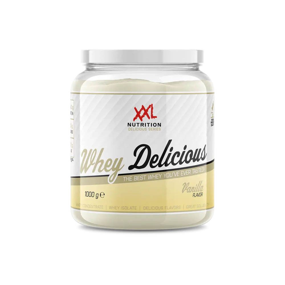 Transparante pot met witte deksel. Opschrift "XXL Nutrition Whey Delicious". Vanillesmaak. Inhoud: 1000 g.