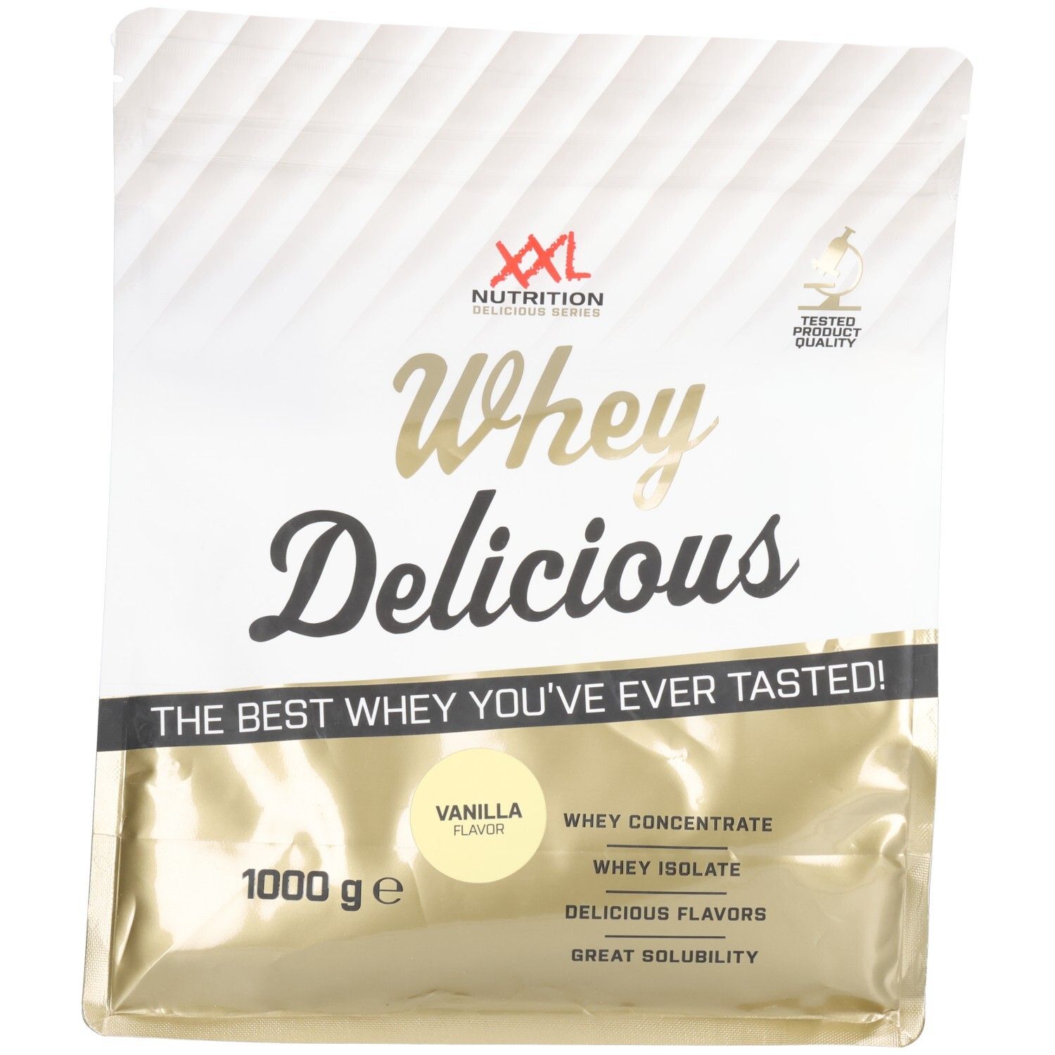Zak "XXL Nutrition Whey Delicious". Bevat 1000 g. Vanillesmaak. Bevat Whey Concentrate, Whey Isolate.